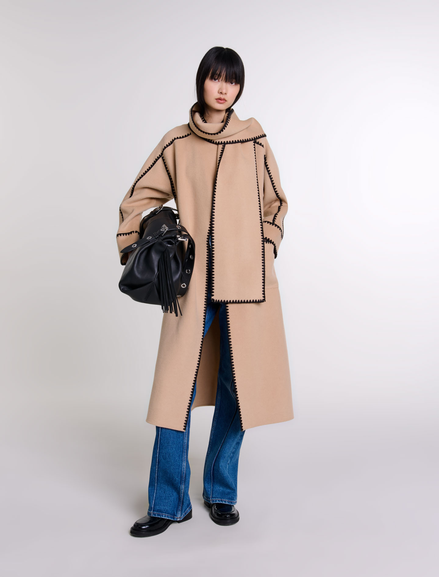 Shop Maje Two-tone Double-faced Coat In Camel/black