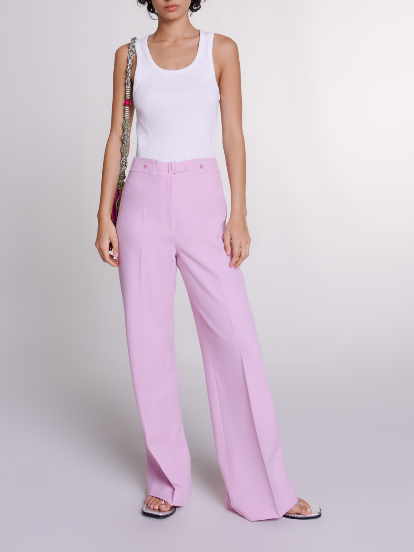 Maje Woman's polyester Wide-leg suit trousers for Spring/Summer, in color Pale Pink / Red