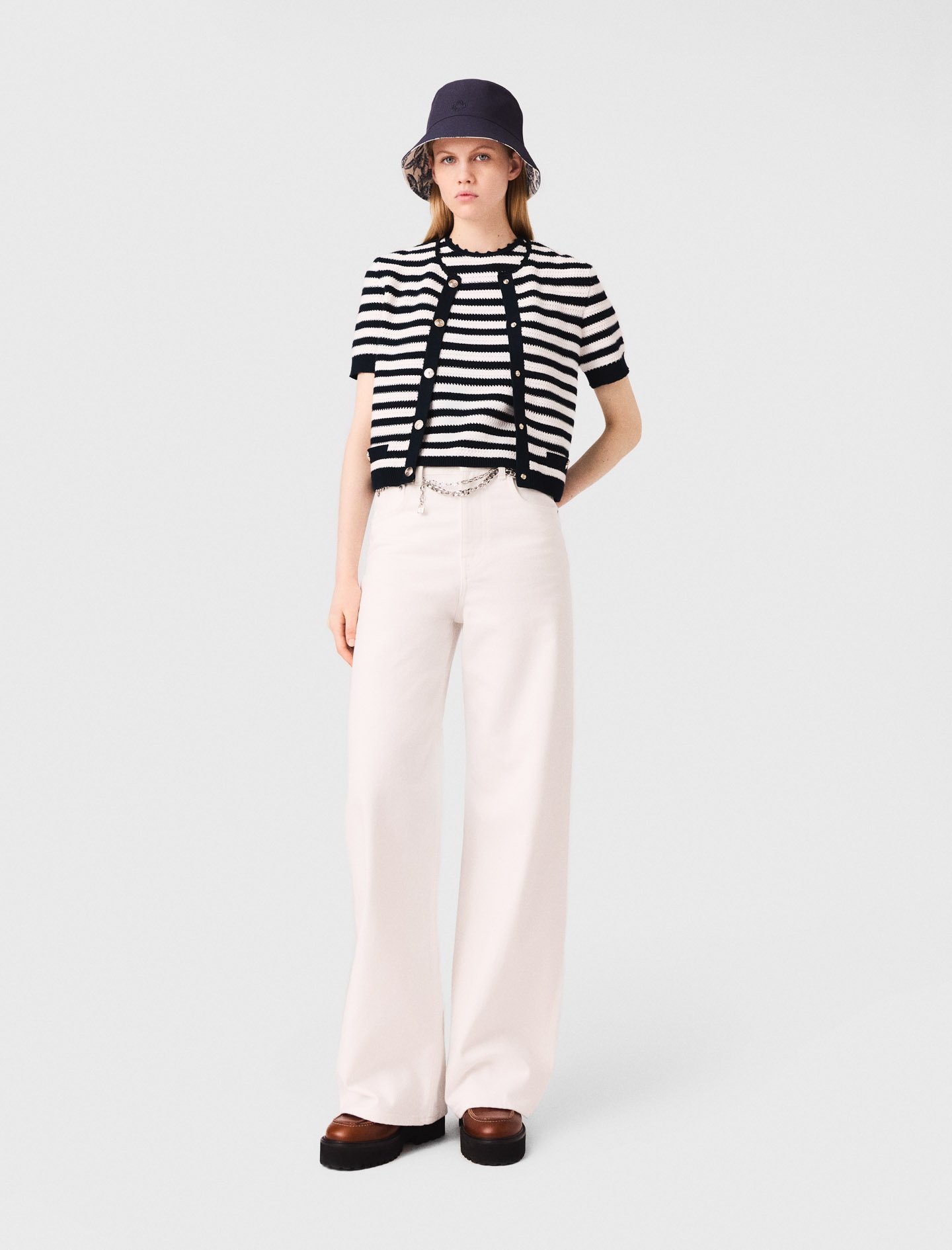 Woman's viscose Crocheted cropped cardigan for Fall/Winter, size Extra Small, in color White/Navy /