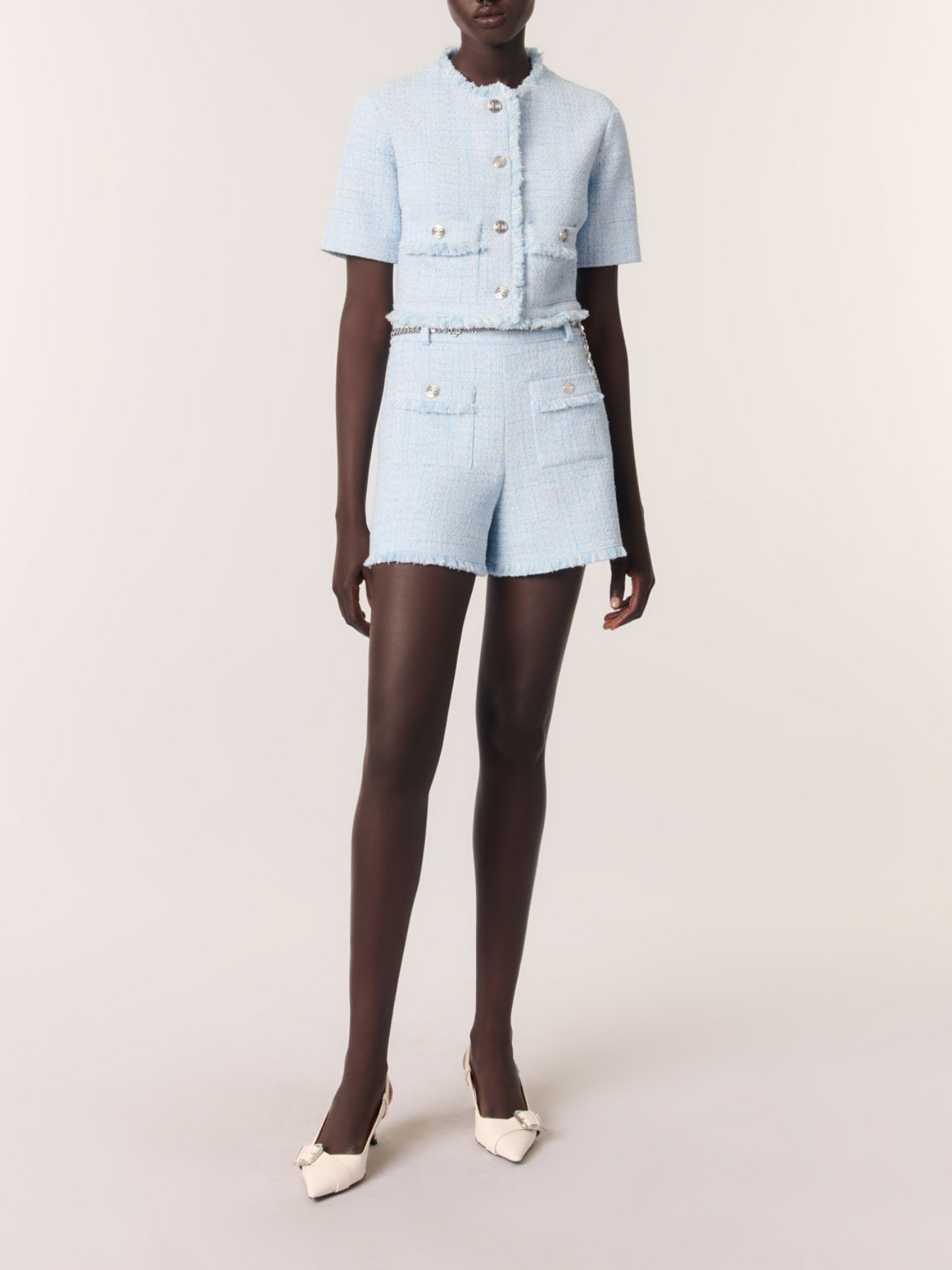 Tweed shorts with belt Blue For Women | Maje