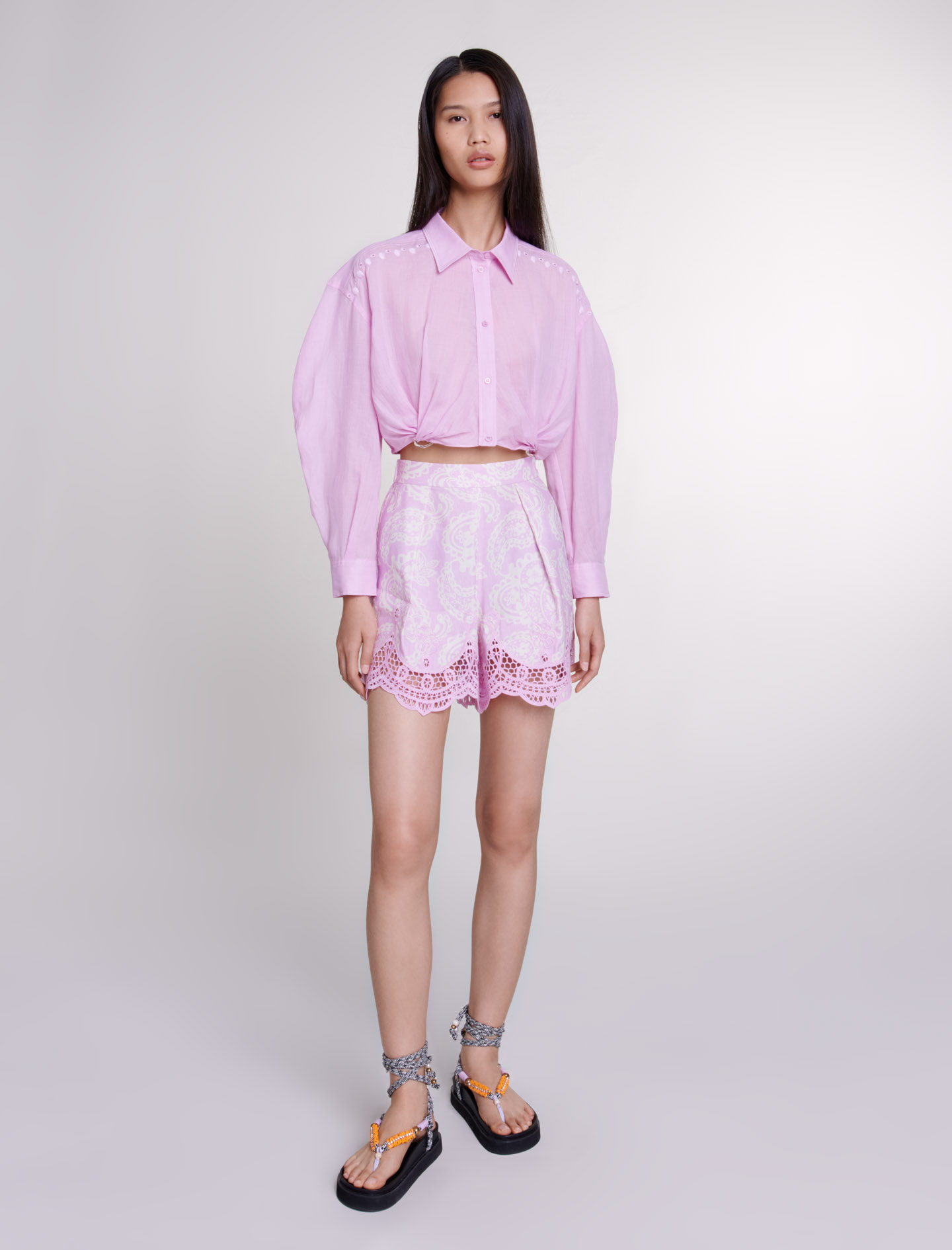 Woman's ramie Buttons: Ramie cropped shirt for Spring/Summer, size Woman-Tops & Shirts-US L / FR 3, in color Pink / Red