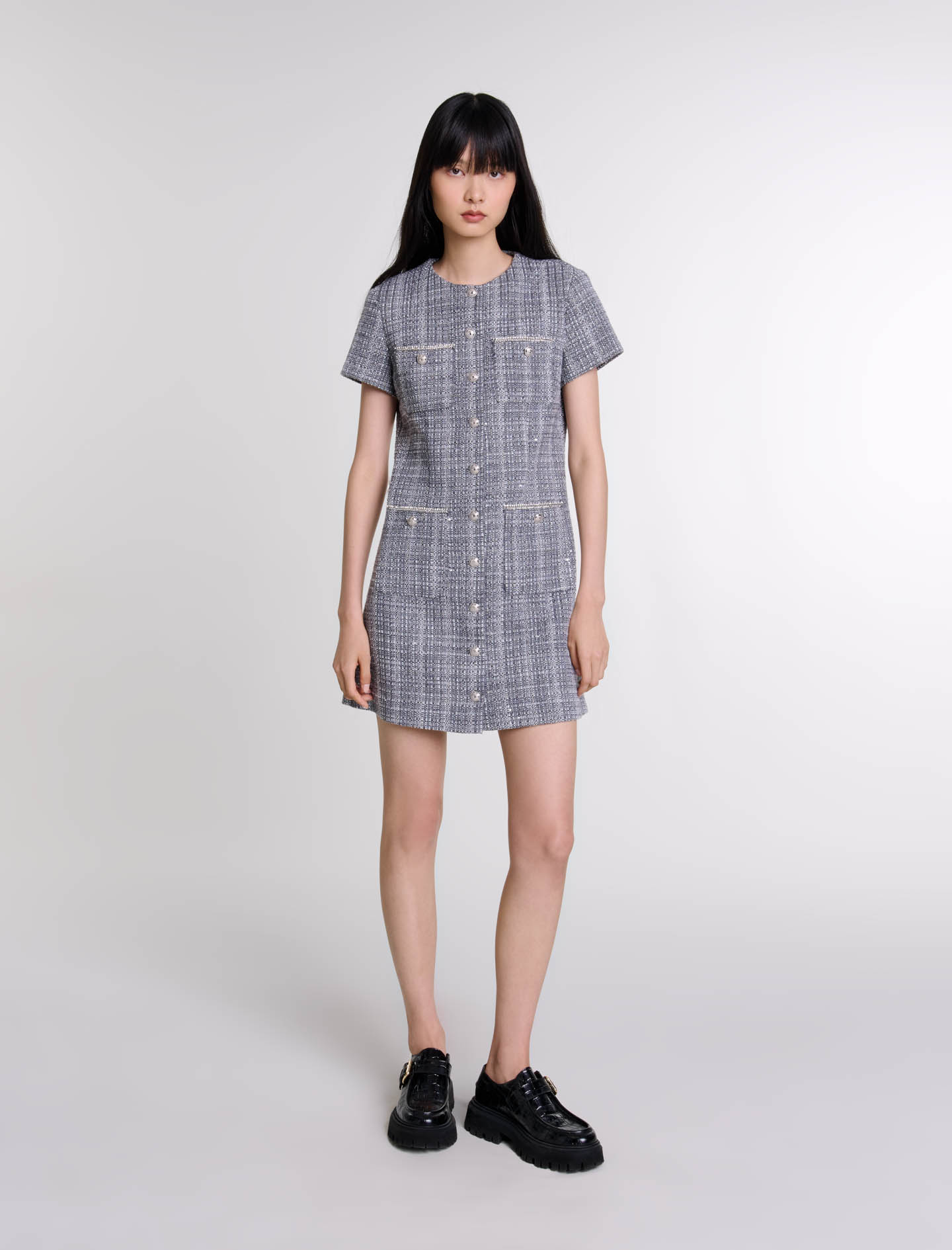 Shop Maje Tweed Dress In Grey