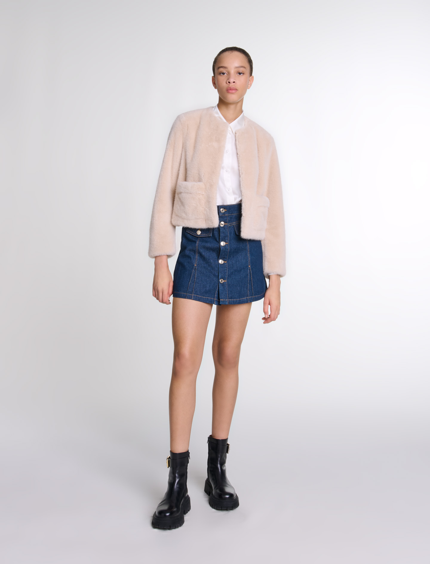 Shop Maje Cropped Faux Fur Jacket In Beige