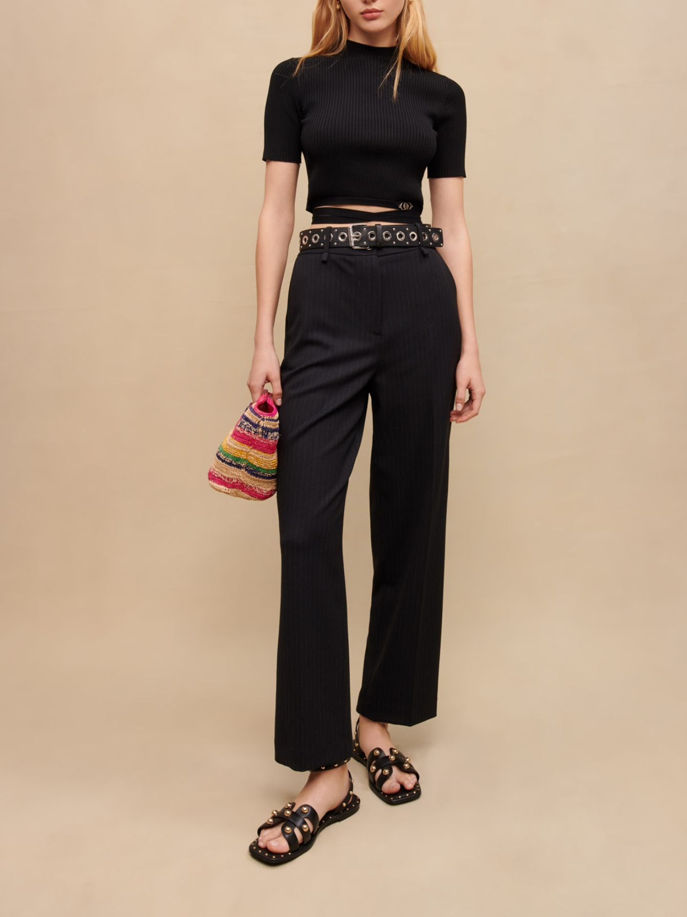 Woman
s polyester, Chalk-striped suit trousers for Spring/Summer, size Woman-See All-US XL / FR 41, in color Black / Black