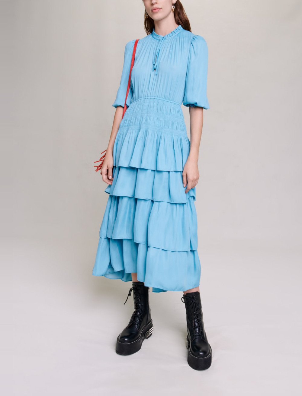 Maje Woman's polyester Long satiny dress with ruffles for Fall/Winter, in color Light Blue / Blue