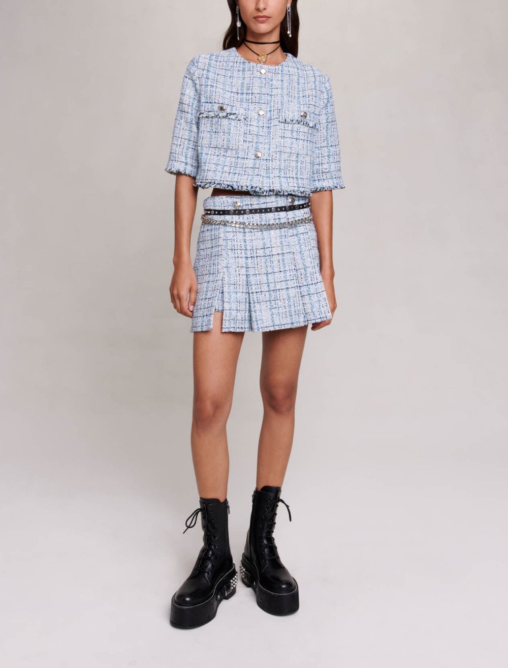 Maje Woman's cotton Short pleated skirt for Fall/Winter, in color Light Blue / Blue