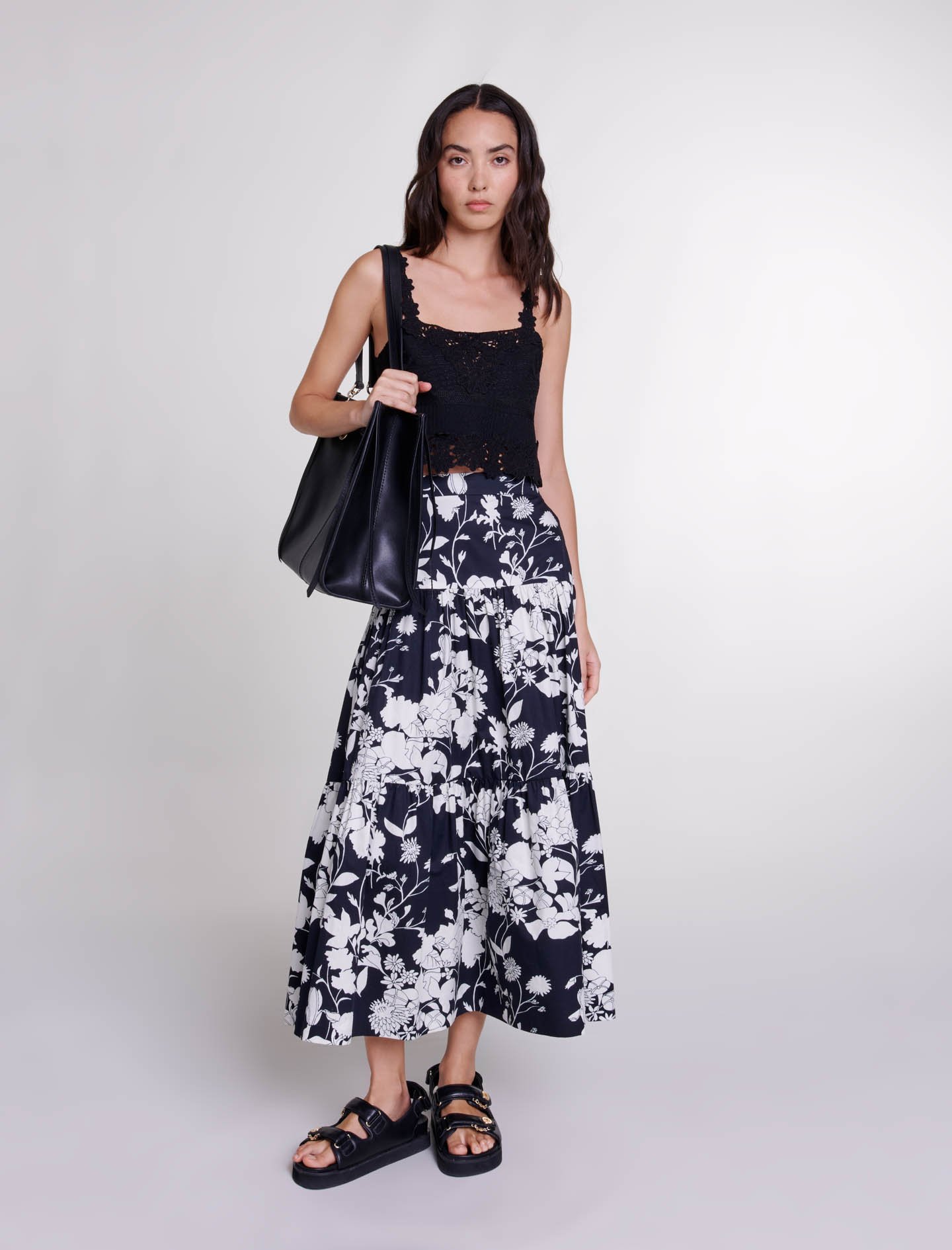 Woman's cotton Floral print maxi skirt for Spring/Summer, size Woman-Sale-US XL / FR 41, in color Floral ecru black print /