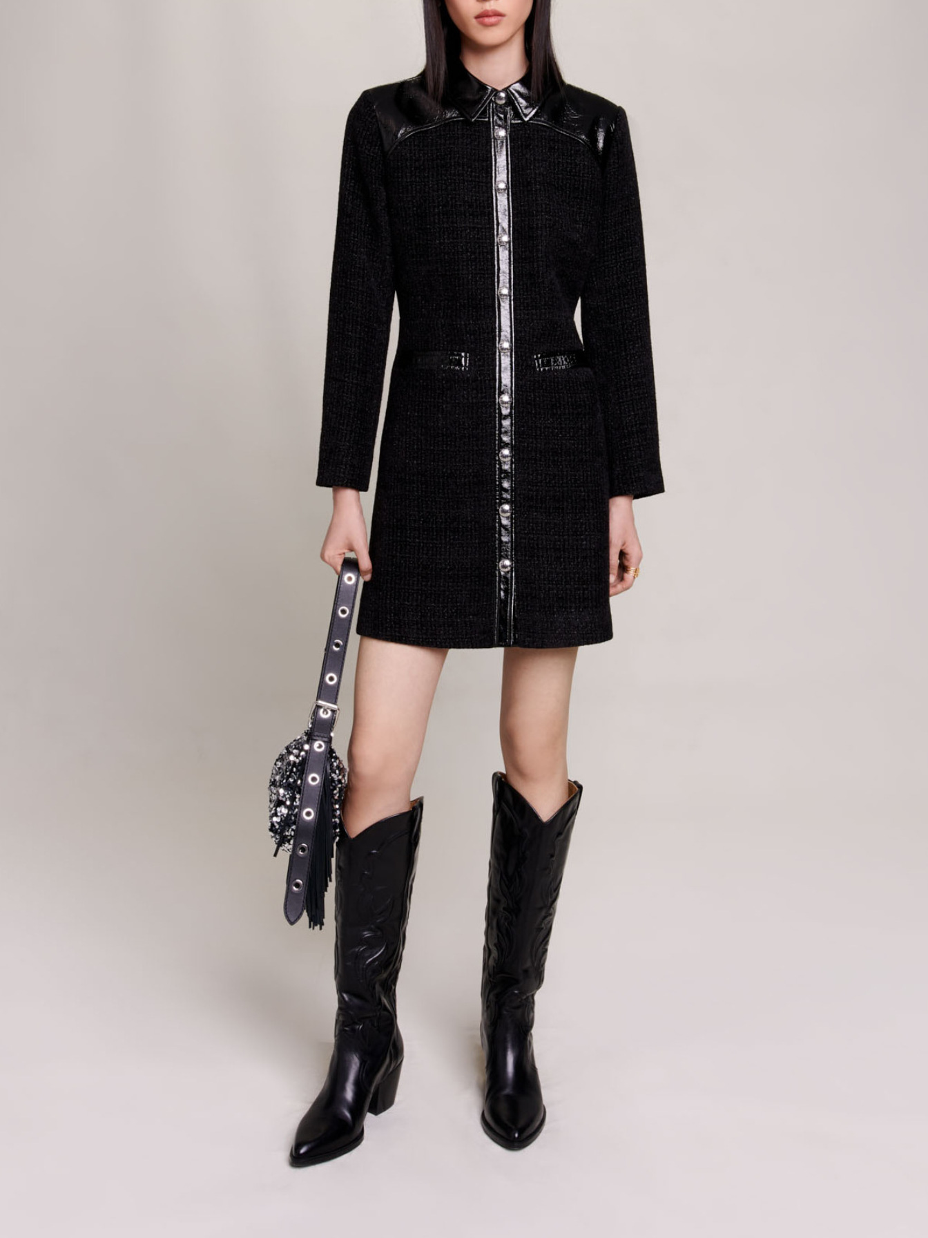 Maje Woman's polyester Short tweed dress for Fall/Winter, in color Black / Black