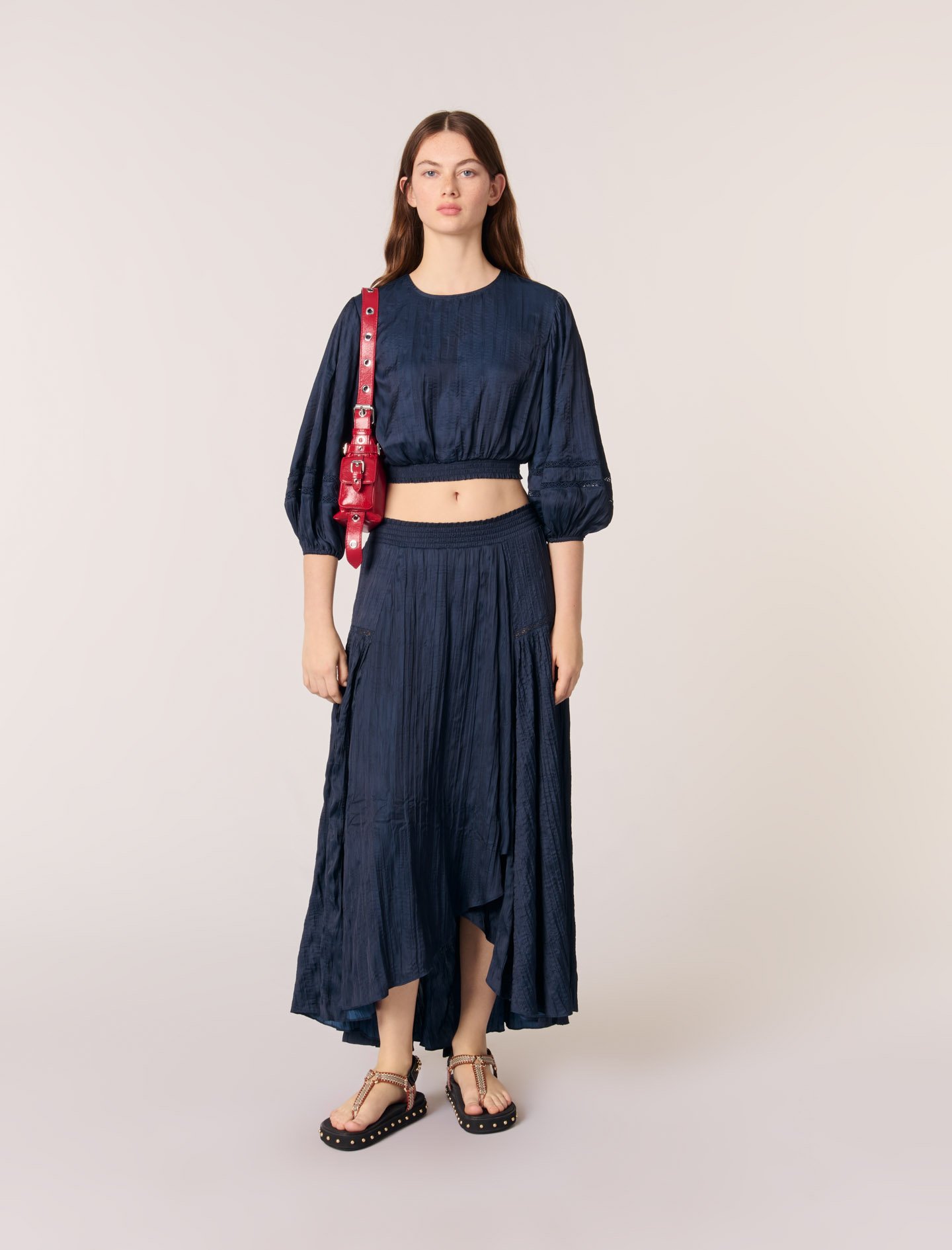 Woman's polyester Lace: Satin-effect maxi skirt for Spring/Summer, size Woman-Skirts & Shorts-US XL / FR 41, in color Navy / Blue