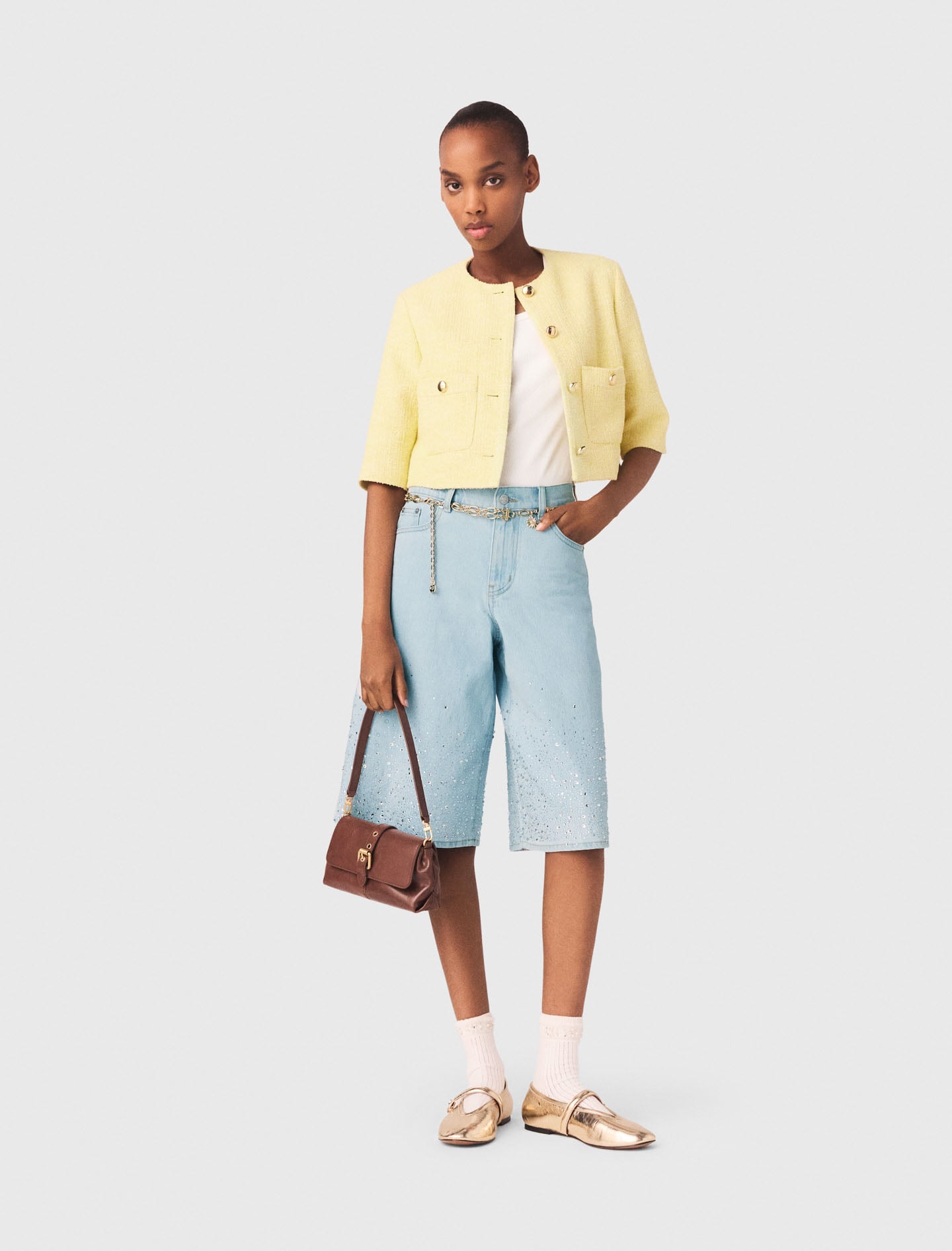 Short-sleeved tweed jacket Yellow / Orange For Women | Maje