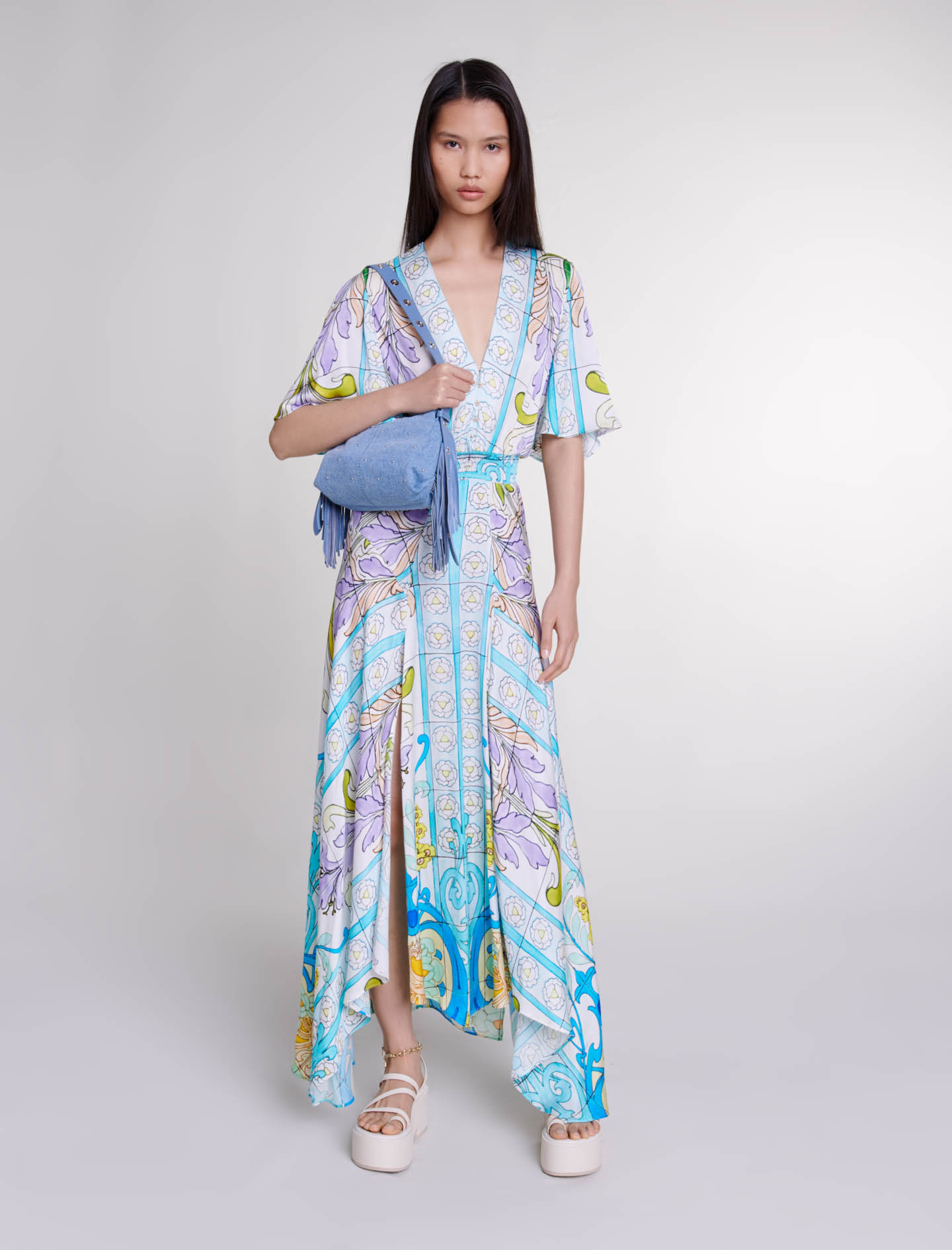Maje Woman's viscose Secondary fabric: Satin-look patterned maxi dress, in color Print Mozaic /