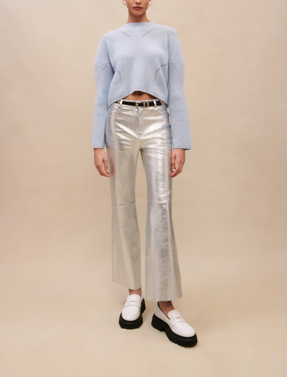 Woman
s cotton, Silver leather trousers for Spring/Summer, size Woman-See All-US XL / FR 41, in color Silver / Grey