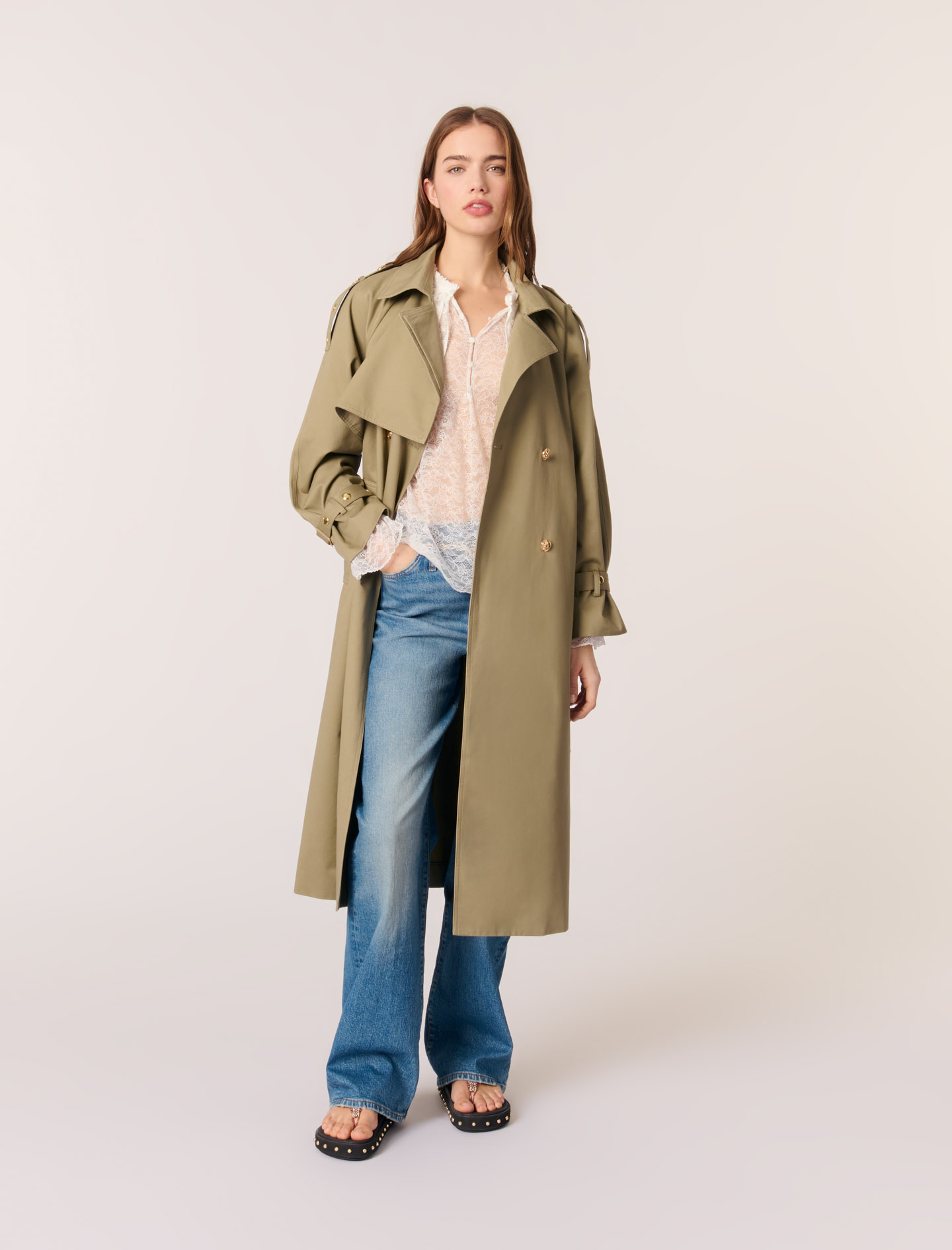 Woman's cotton Lining: Removable collar stud trench coat for Spring/Summer, size Woman-Coats-US XL / FR 41, in color Khaki / Beige