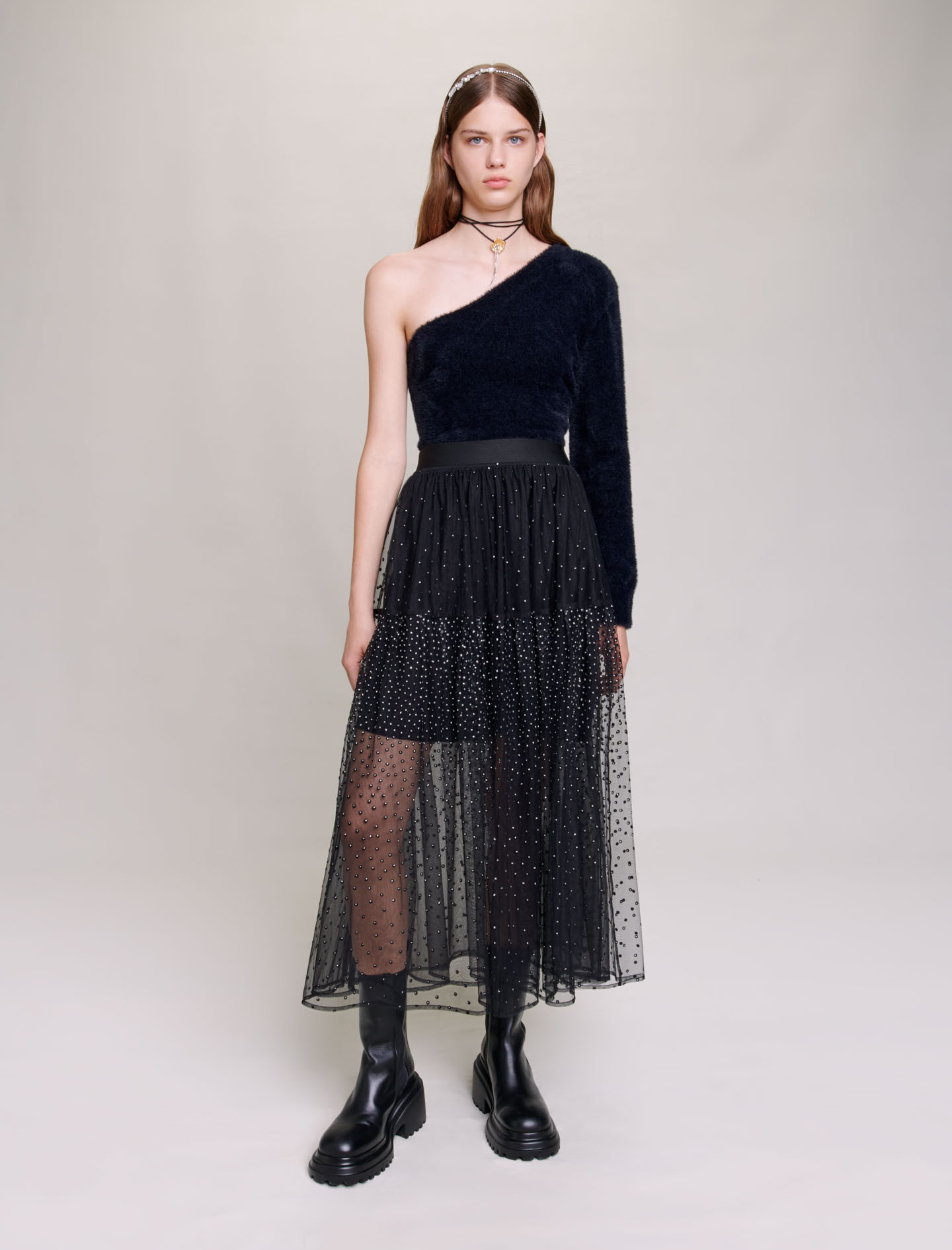 Maje Woman's polyamide Lining: Glittery spotted long tulle skirt for Fall/Winter, in color Black / Black