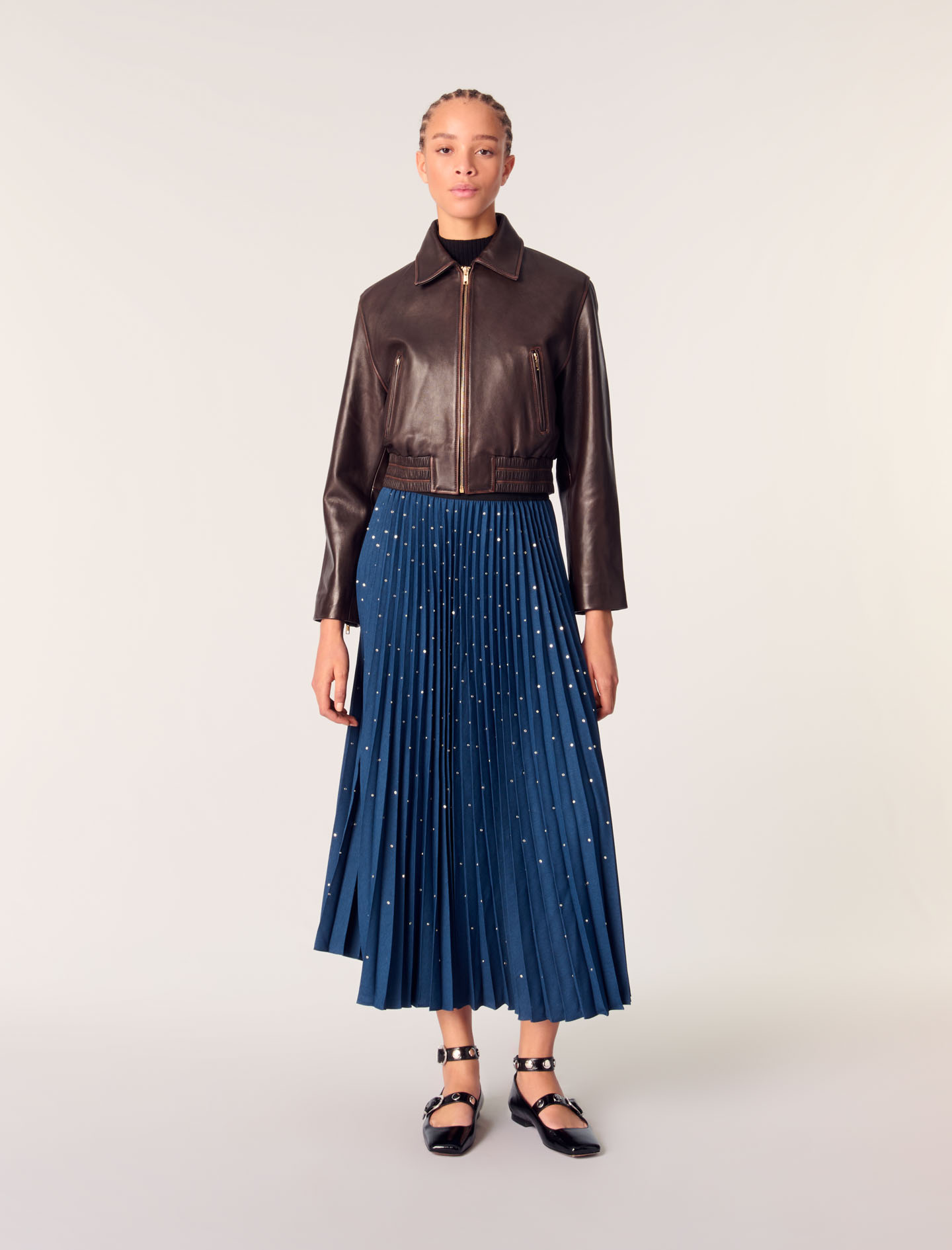 Long pleated skirt with studs Blue For Women | Maje