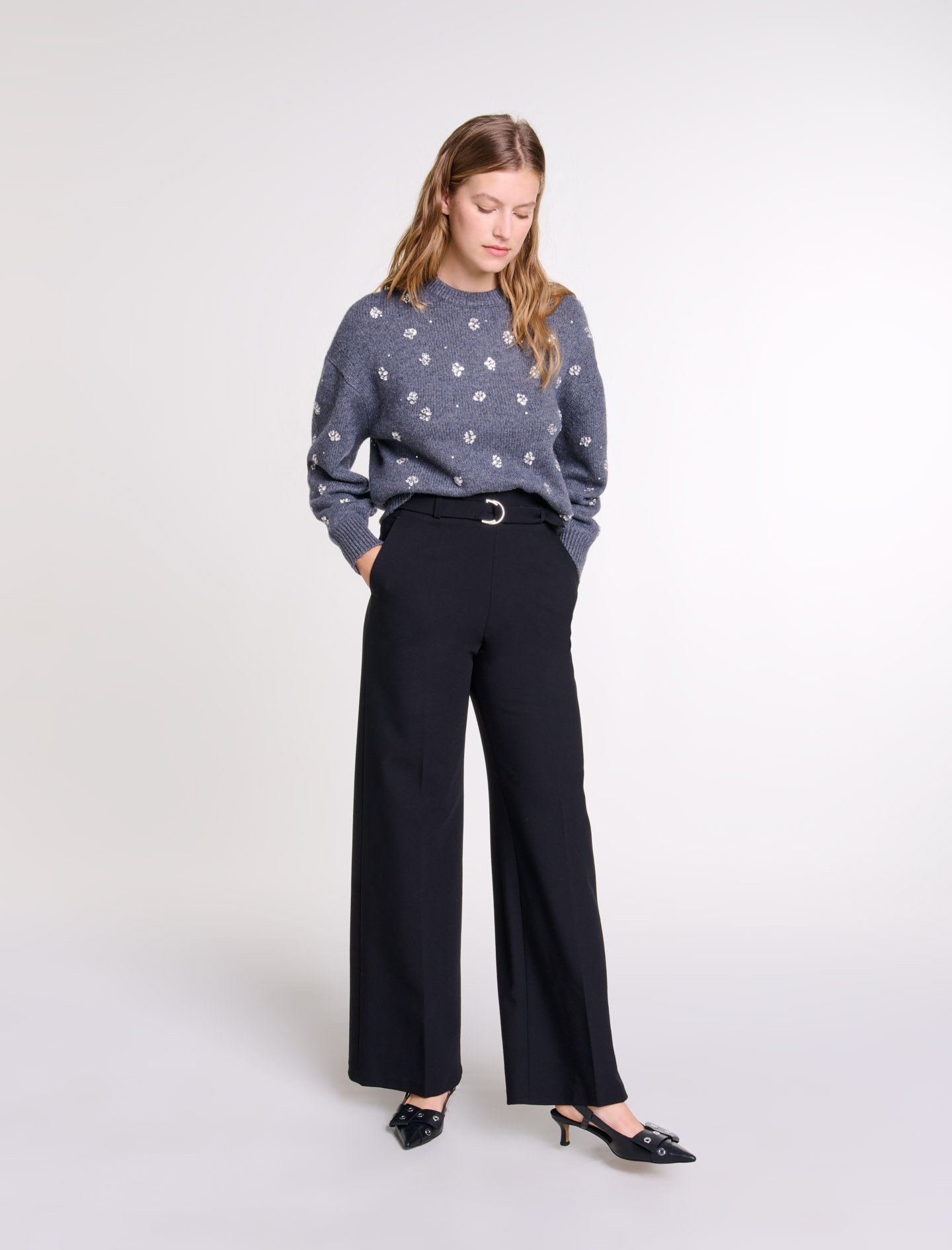 Woman's polyester, Wide belted trousers for Fall/Winter, size Woman-Pants & Jeans-US XL / FR 41, in color Black / Black