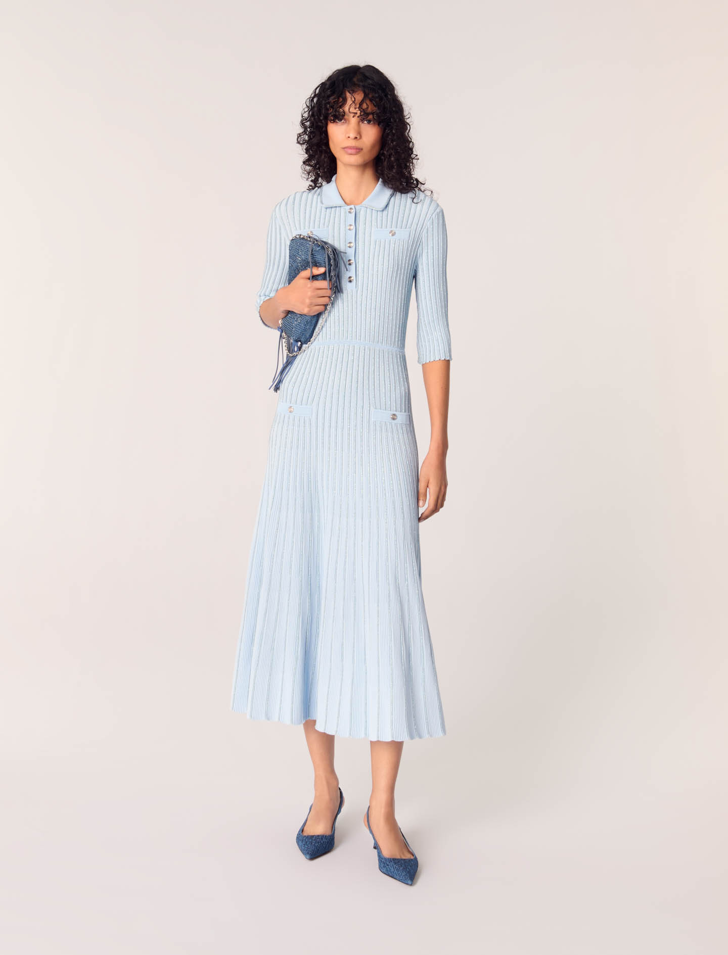 Woman
s viscose, Rib knit midi dress for Spring/Summer, size Woman-New collection-US XL / FR 41, in color Blue Sky / Blue