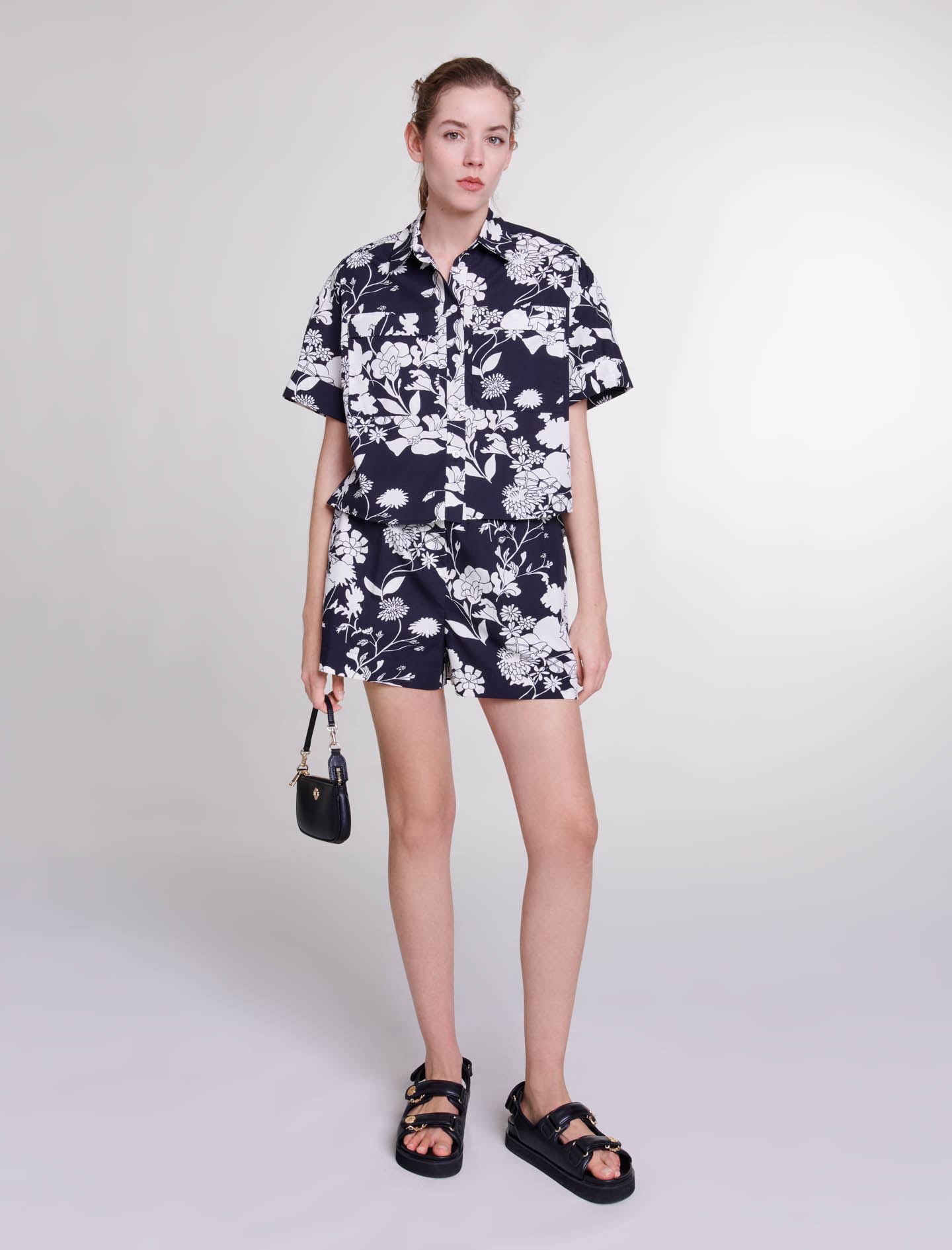 Mixte's cotton Patterned cropped shirt for Spring/Summer, size Mixte-Tops & Shirts-US L / FR 3, in color Floral ecru black print /