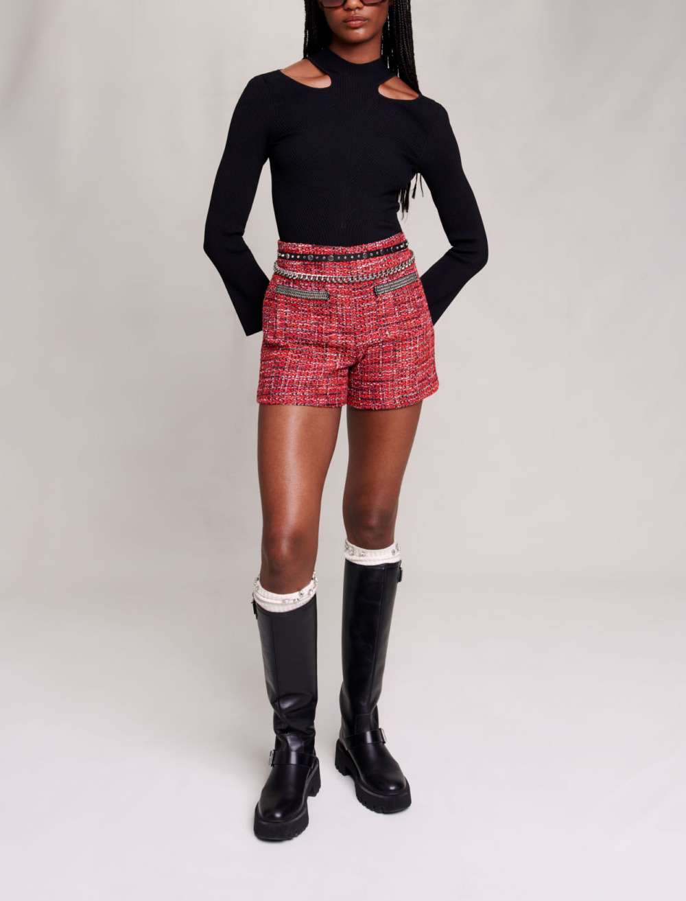 Woman
s acrylic, Shorts in tweed for Fall/Winter, size Woman-See All-US XL / FR 41, in color Red / Red