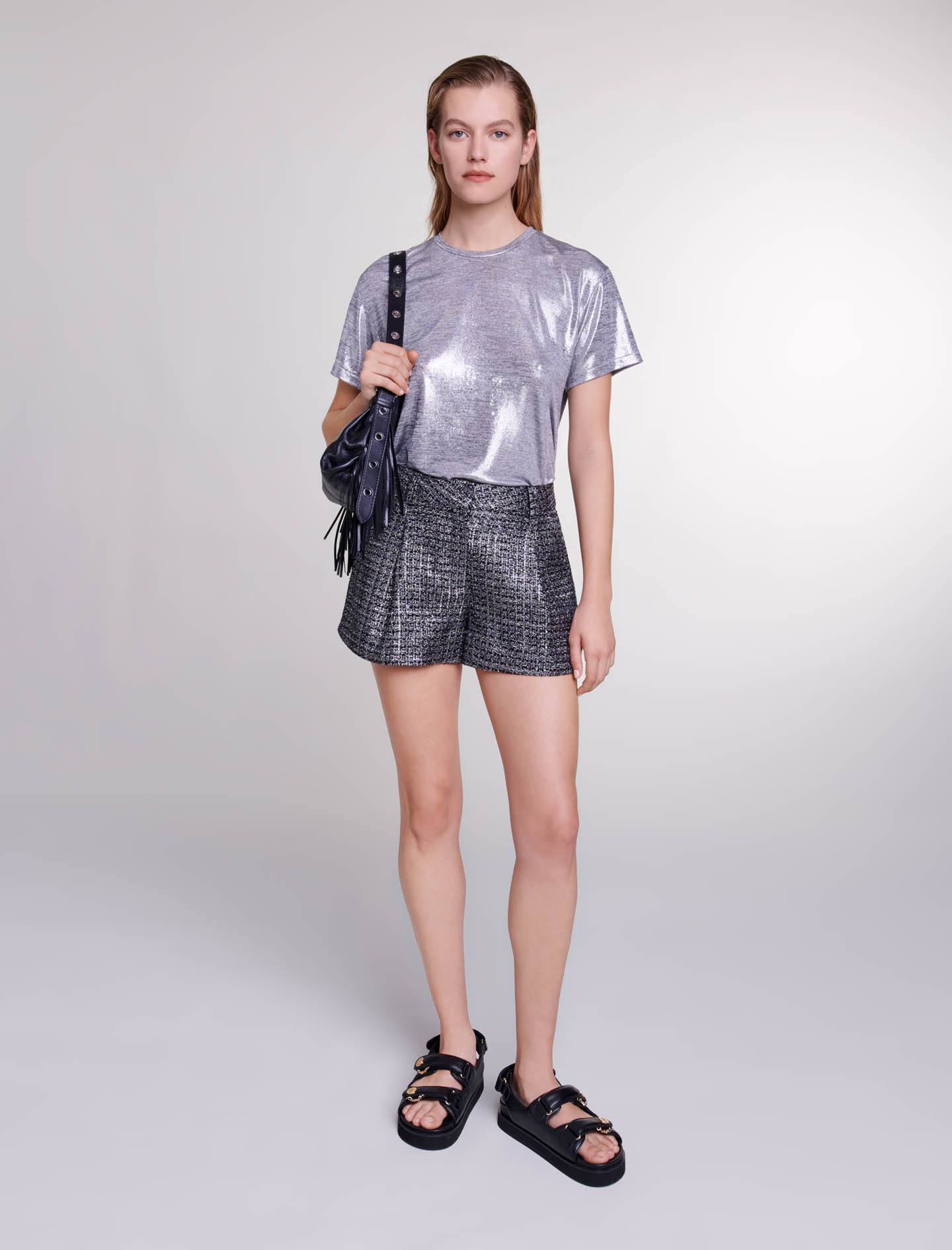 Maje Woman's polyester, Lamé T-shirt for Spring/Summer, in color Silver / Grey