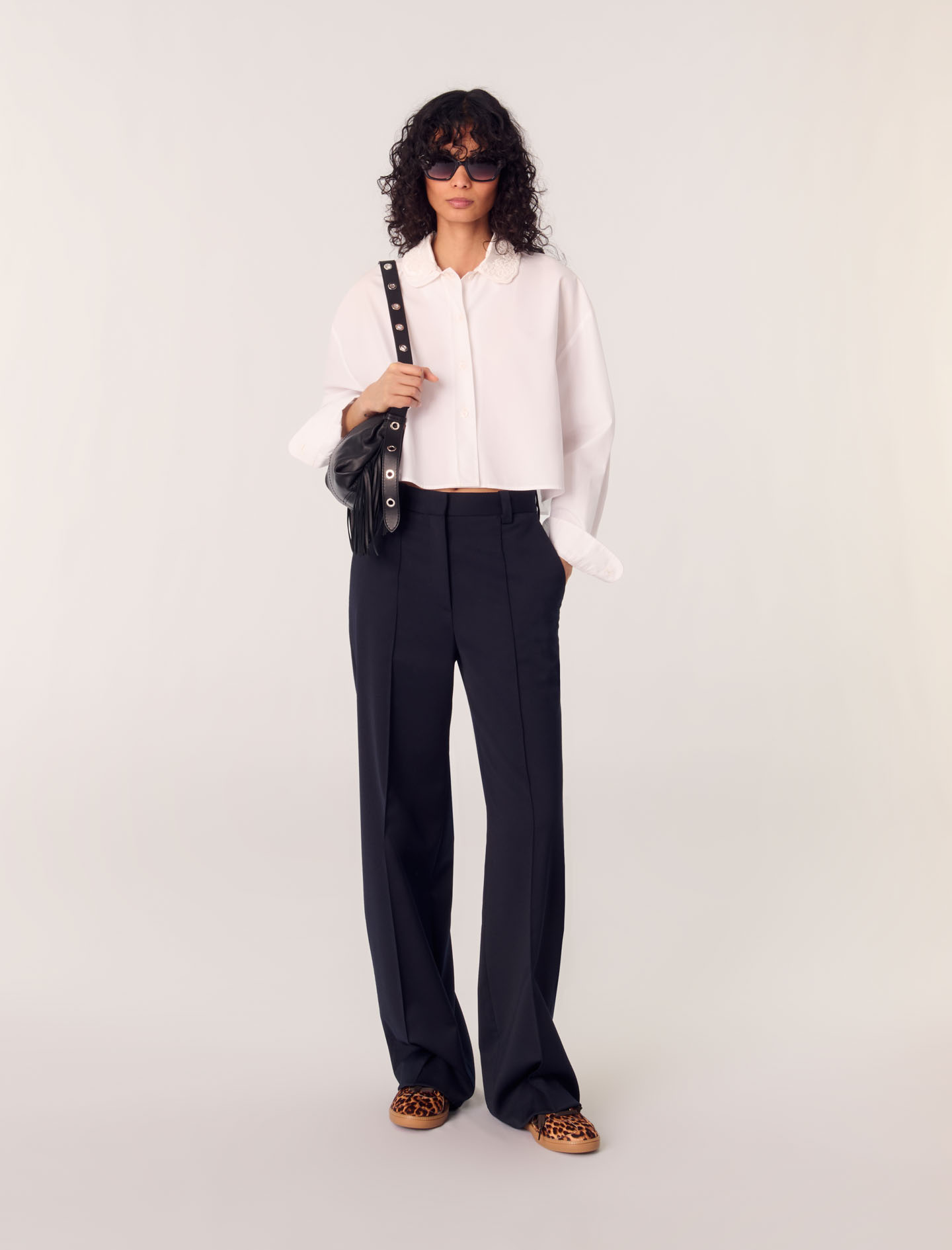 Maje Woman's cotton Short shirt with embroidered collar for Spring/Summer, in color White / White