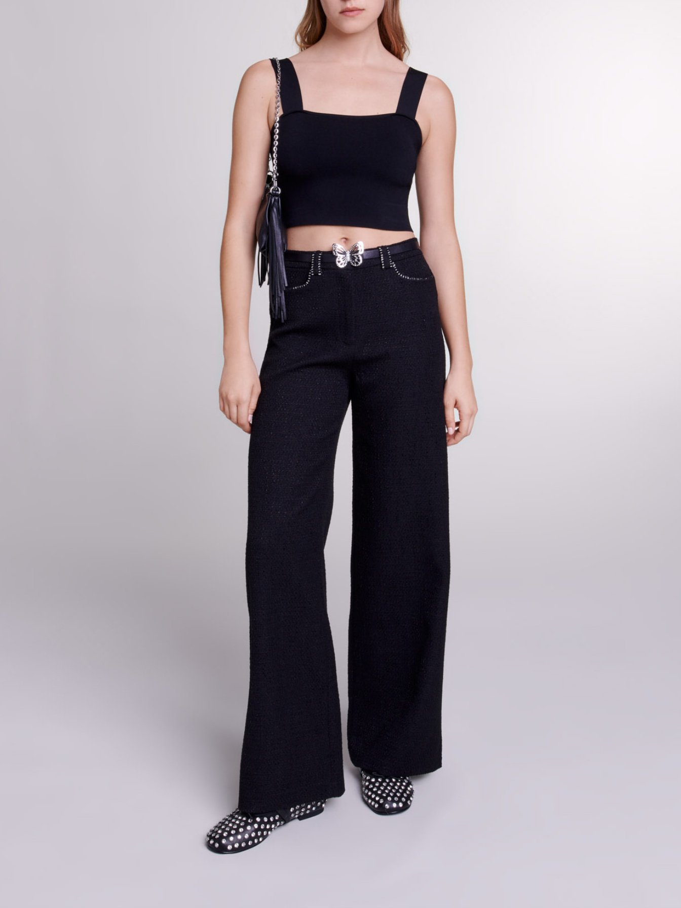 Maje Woman's polyester Wide-leg tweed trousers for Spring/Summer, in color Black / Black