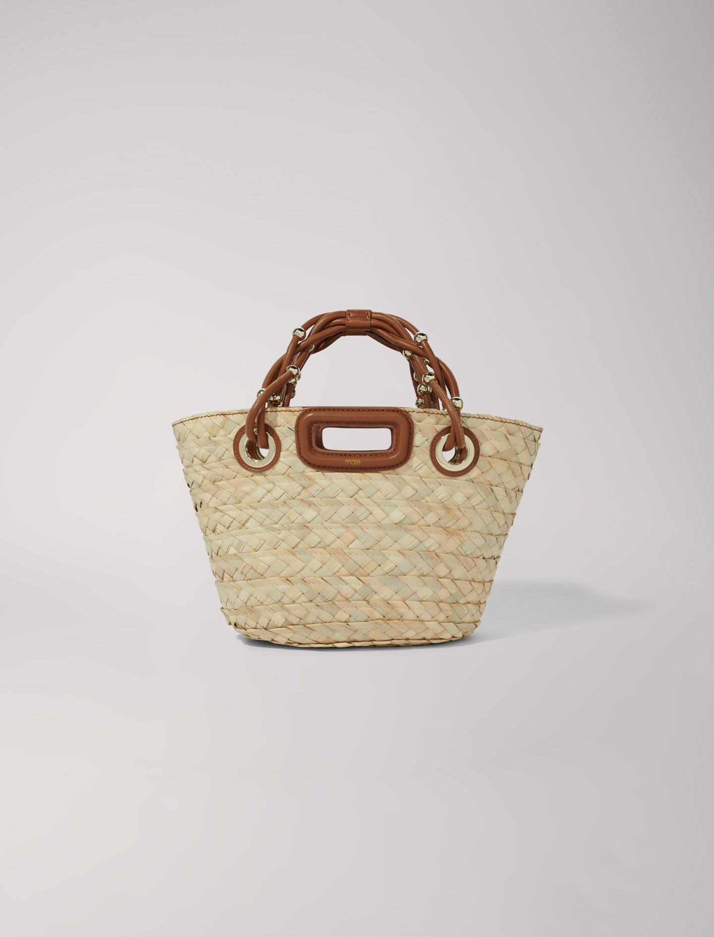 Woman's palm Lining: Mini woven basket bag for Spring/Summer, size Woman-All Bags-OS (ONE SIZE), in color Camel / Brown