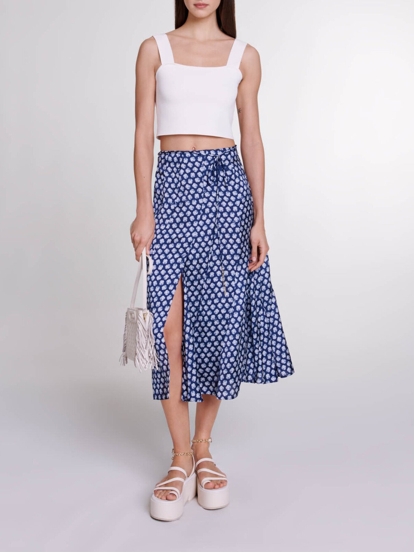 Maje Woman's viscose Mid-length satin-effect skirt for Spring/Summer, in color Clover navy/ecru /