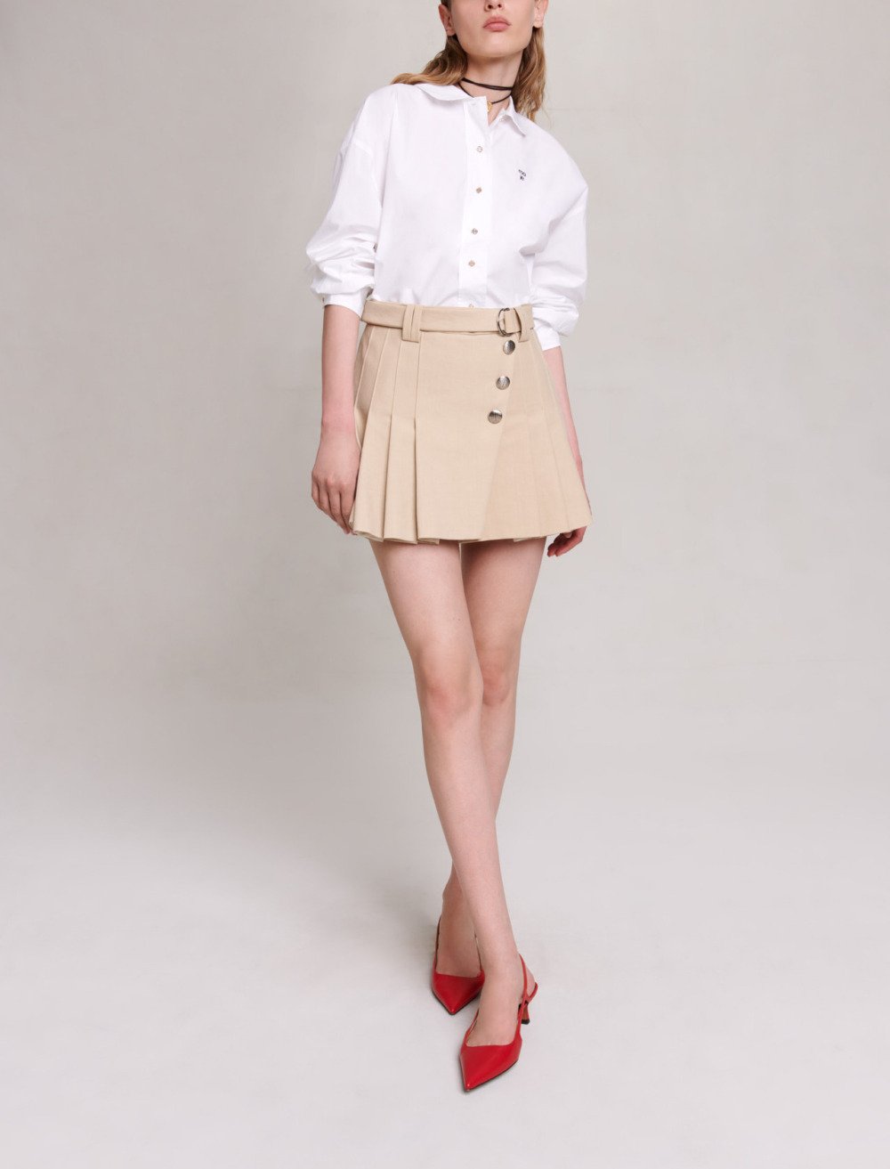 Maje Woman's cotton Pleated mini-skirt for Fall/Winter, in color Beige / Beige