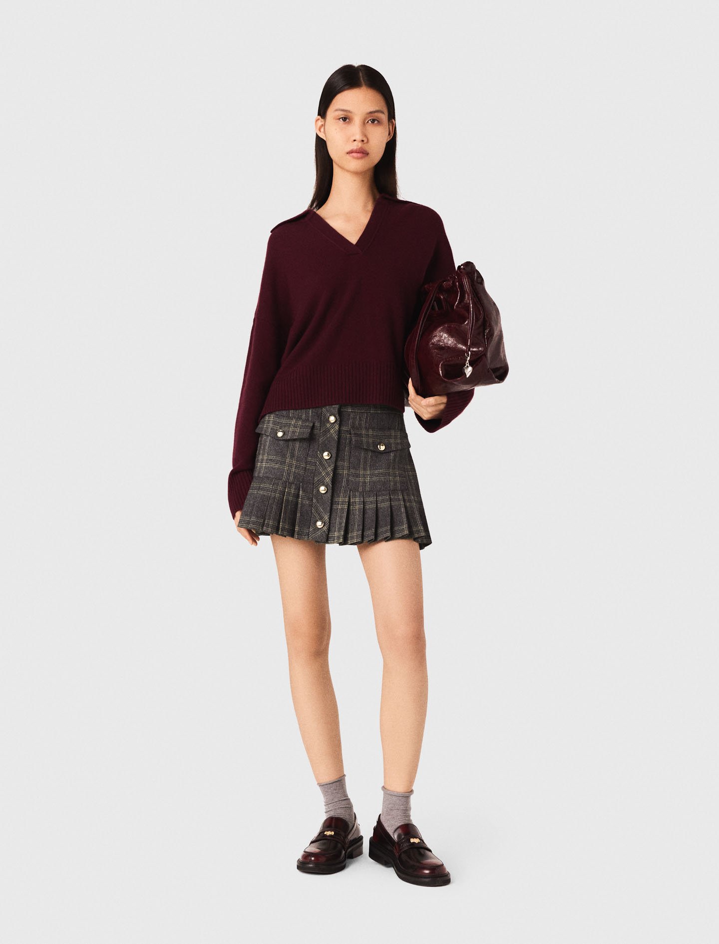 Maje Woman's polyester Short pleated checked skirt for Fall/Winter, in color Grey / Grey