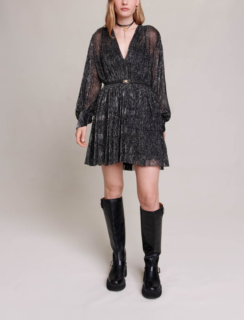 Maje Woman's polyester Short metallic dress for Fall/Winter, in color Black/Glitter /