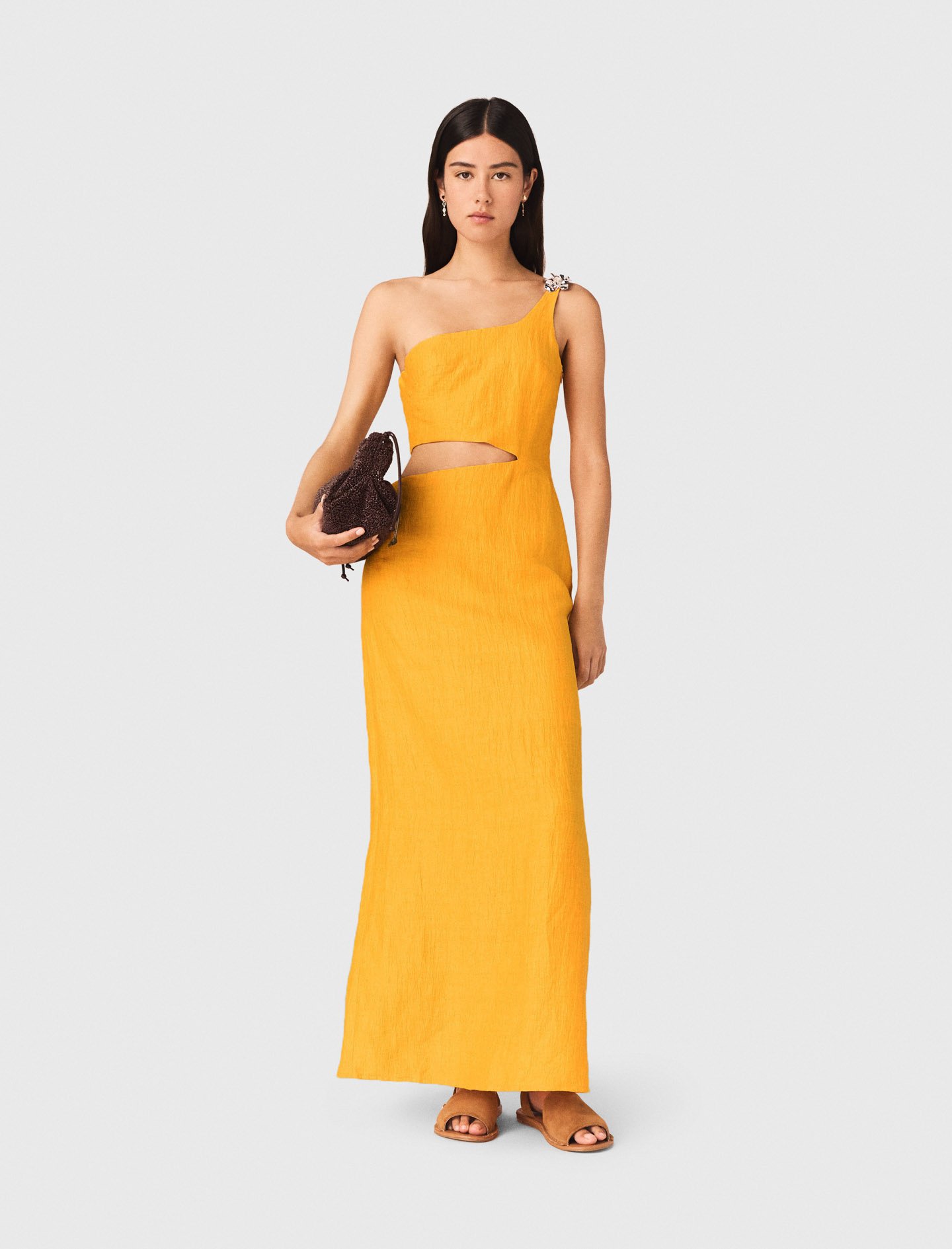 Asymmetrical Linen-Blend Dress Yellow / Orange For Women | Maje Asymmetrical Linen-Blend Dress Yellow / Orange For Women | Maje