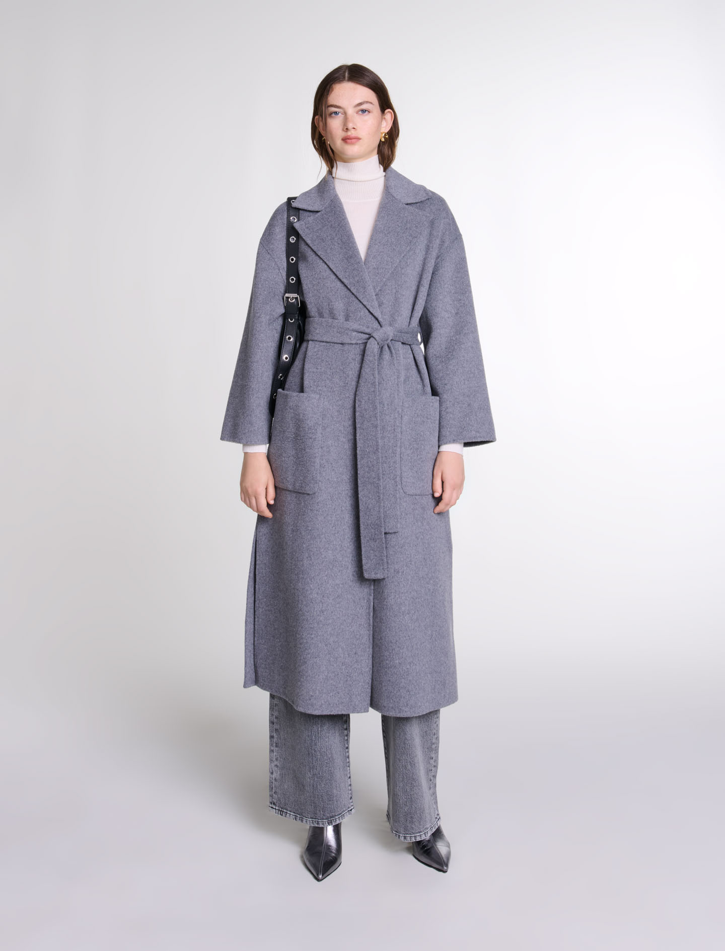 Woman's wool, Long double-faced coat with belt for Fall/Winter, size Woman-Coats-US XL / FR 41, in color Grey / Grey