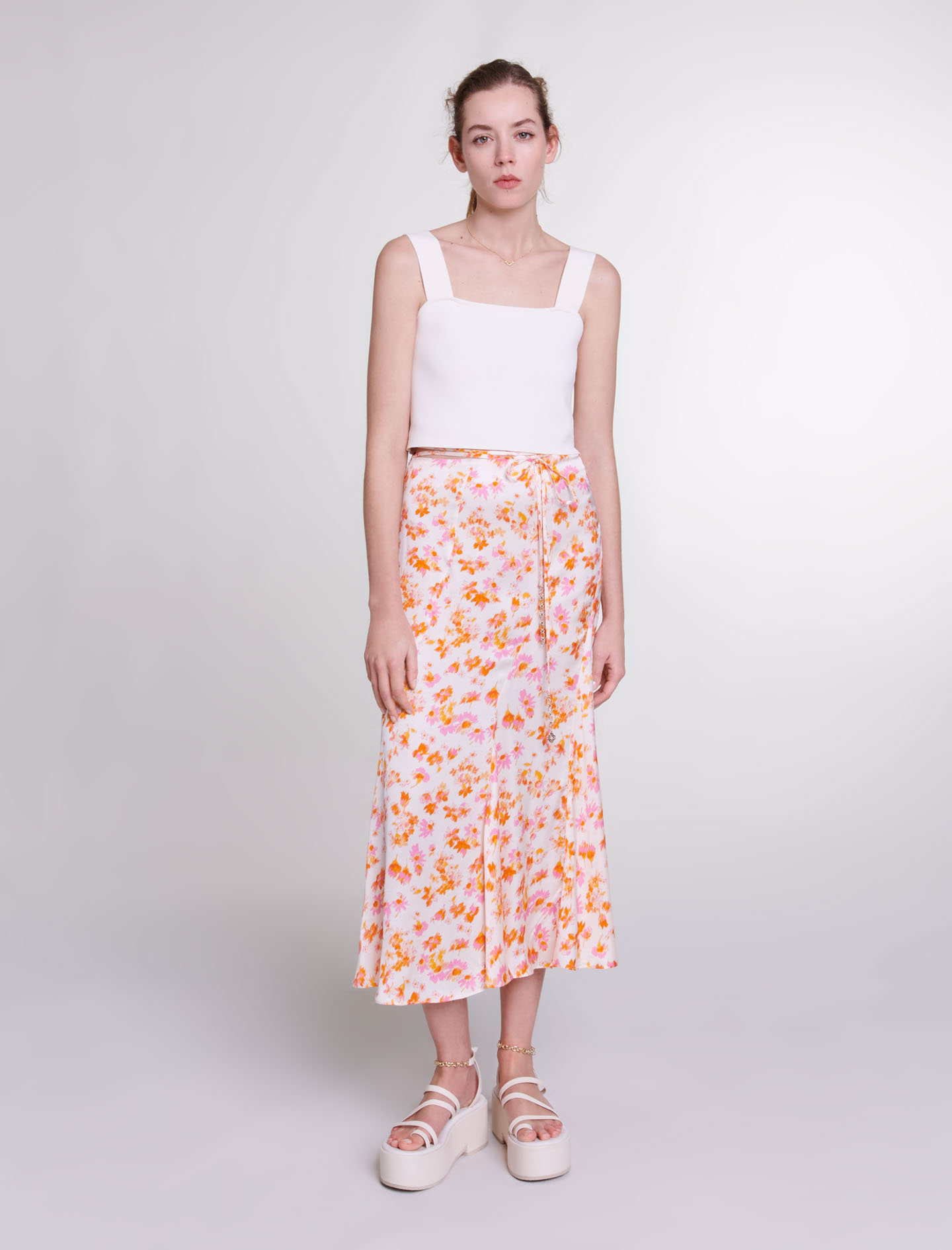 Woman's viscose Satin-effect floral skirt for Spring/Summer, size Woman-20% Off -US XL / FR 41, in color Orange Flower Print /