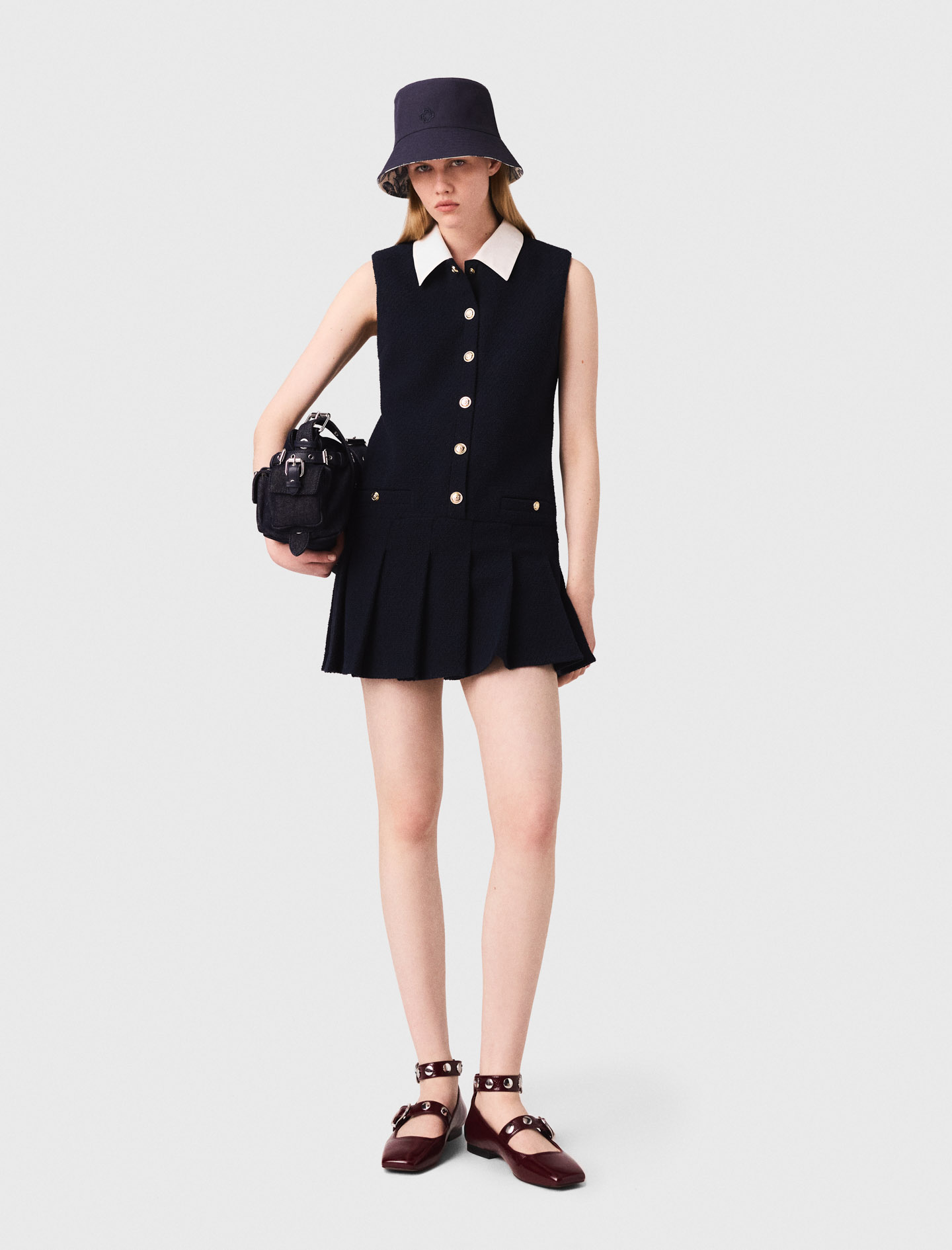 Maje Woman's cotton Mini tweed dress with removable collar for Fall/Winter, in color Navy / Blue