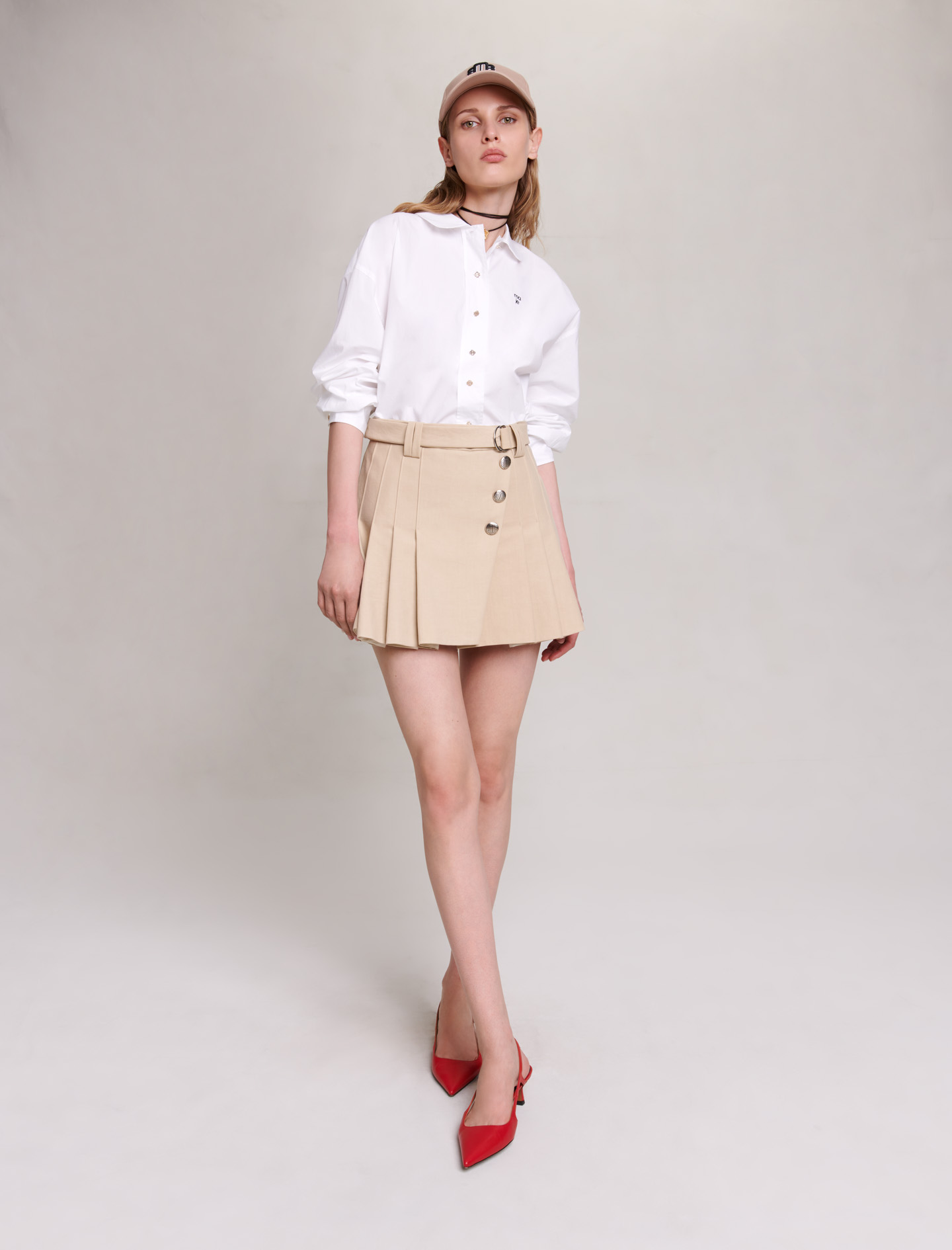 Maje Woman's cotton Pocket lining: Pleated mini-skirt for Fall/Winter, in color Beige / Beige