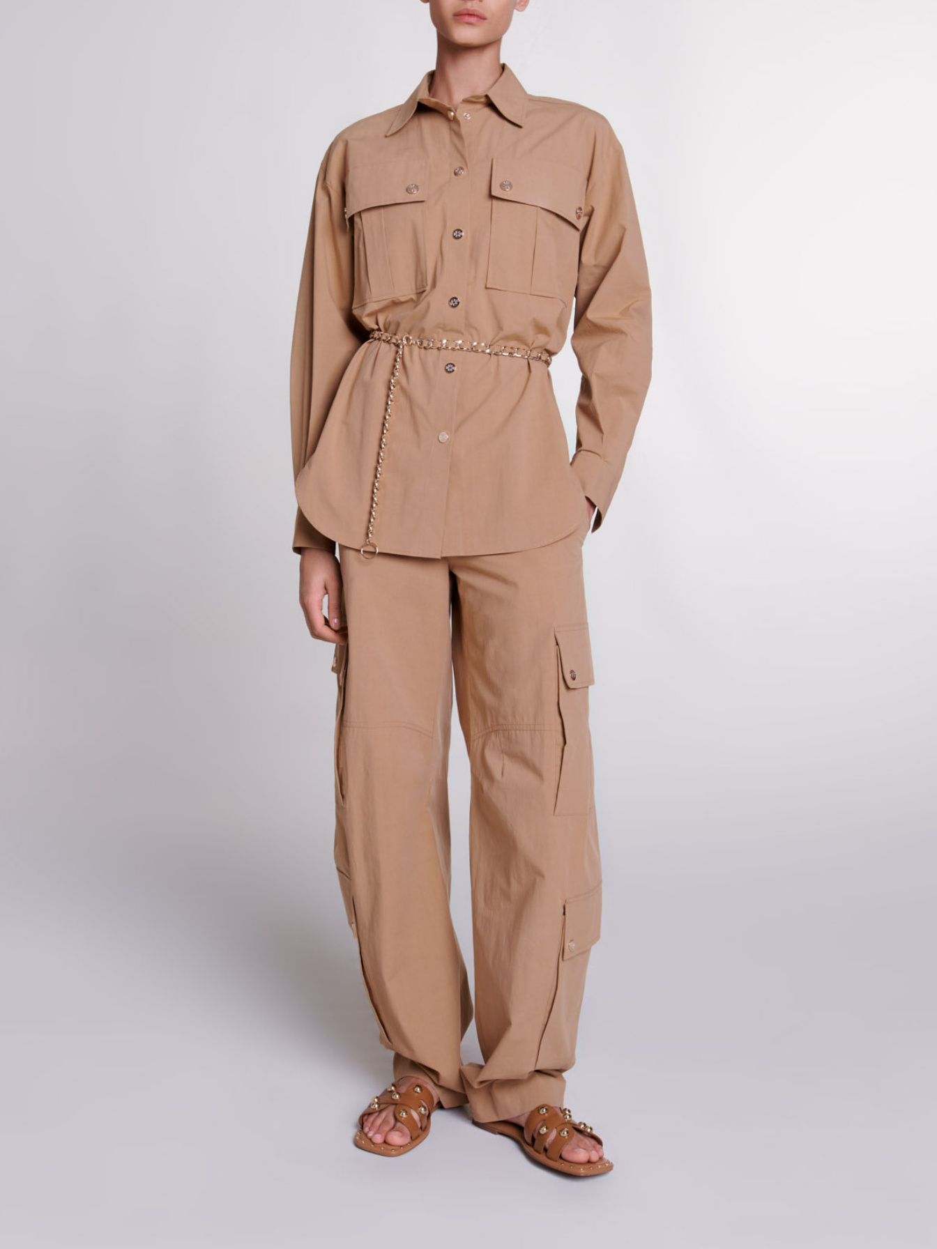 Maje Woman's cotton Belted long shirt for Spring/Summer, in color Beige / Beige