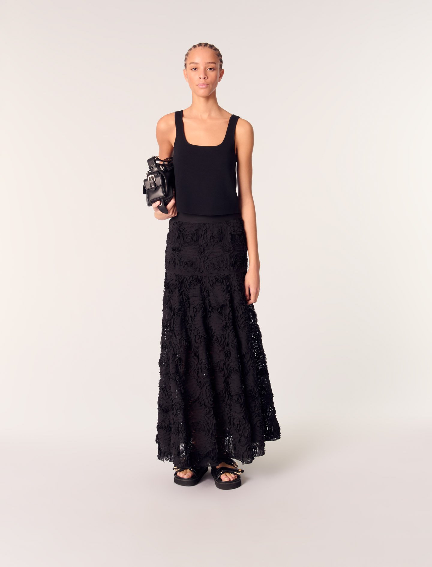 Woman's polyester Lining: Long embroidered skirt for Spring/Summer, size Woman-All Styles-US XL / FR 41, in color Black / Black