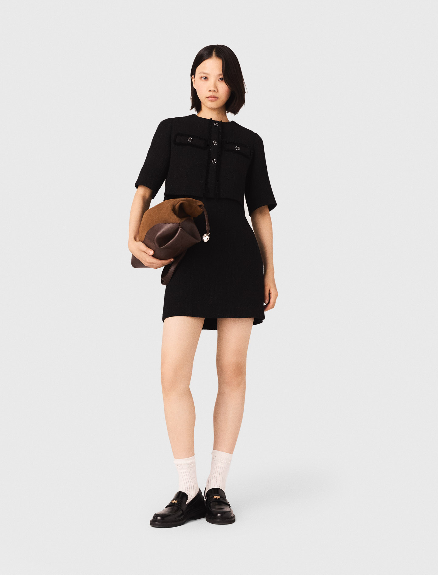 2-in-1 shiny tweed dress Black / Gray For Women | Maje