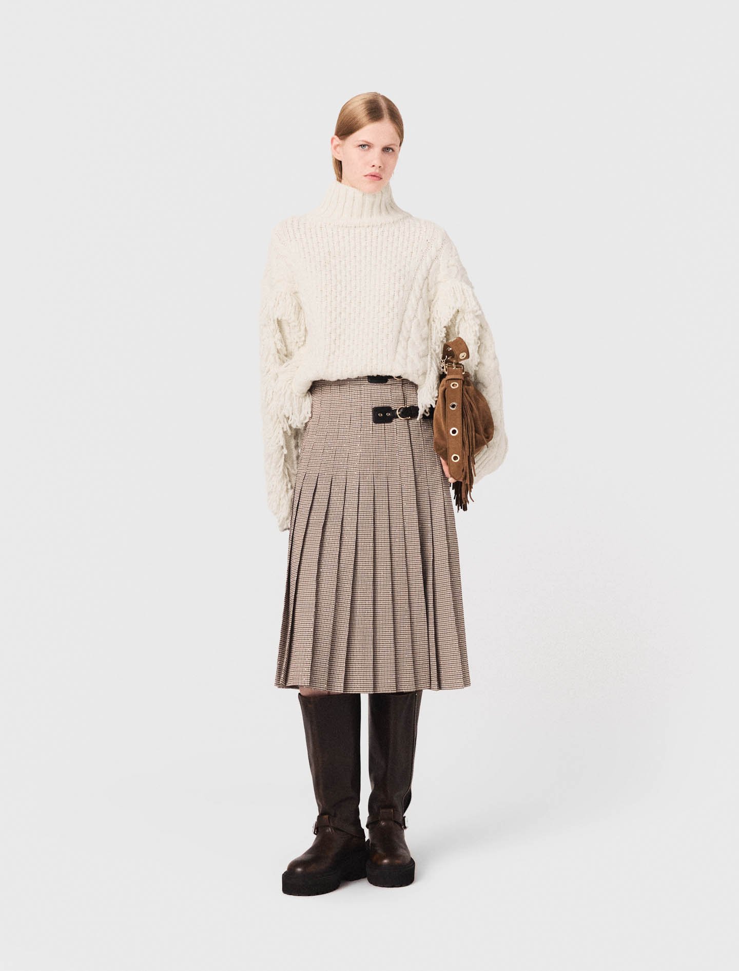 Maje Woman's Polyester Pleated Checked Midi Skirt For Fall/winter In Brown