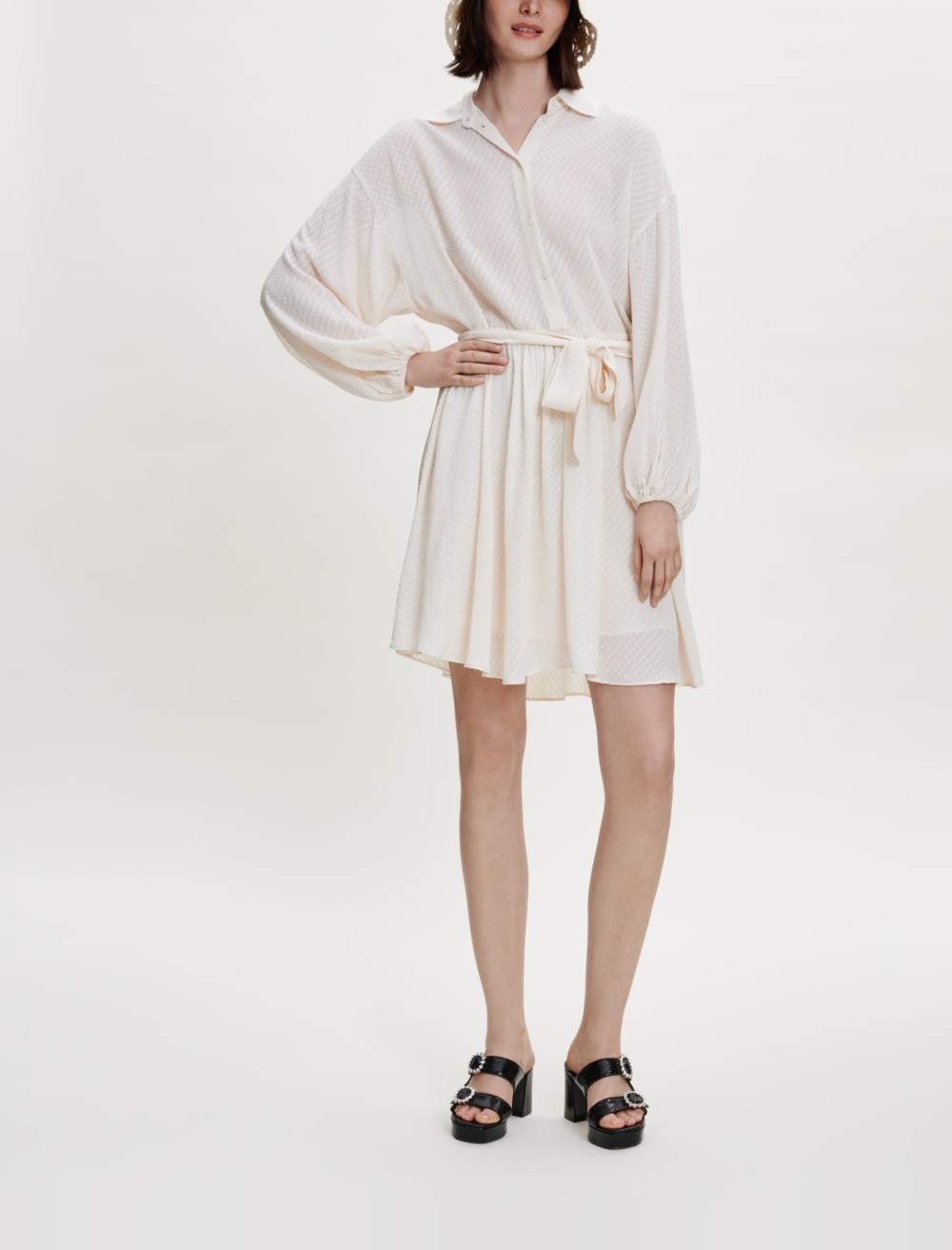 white fitted waist shirt dress Orlane White cinched-waist pleated mini shirt dress S / White main image 1
