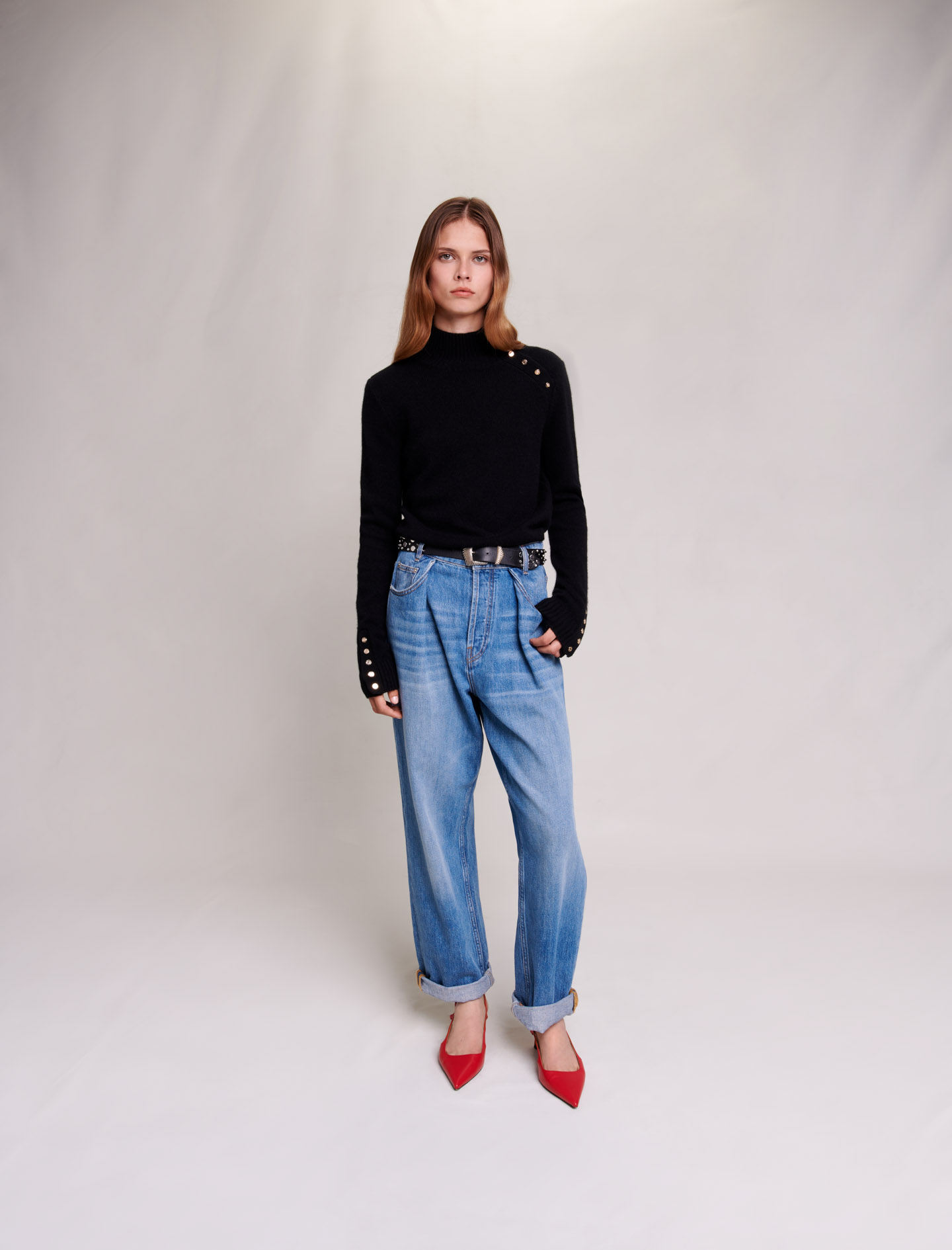 Maje Woman's cashmere Cashmere sweater with gold snap buttons for Spring/Summer, in color Black / Black