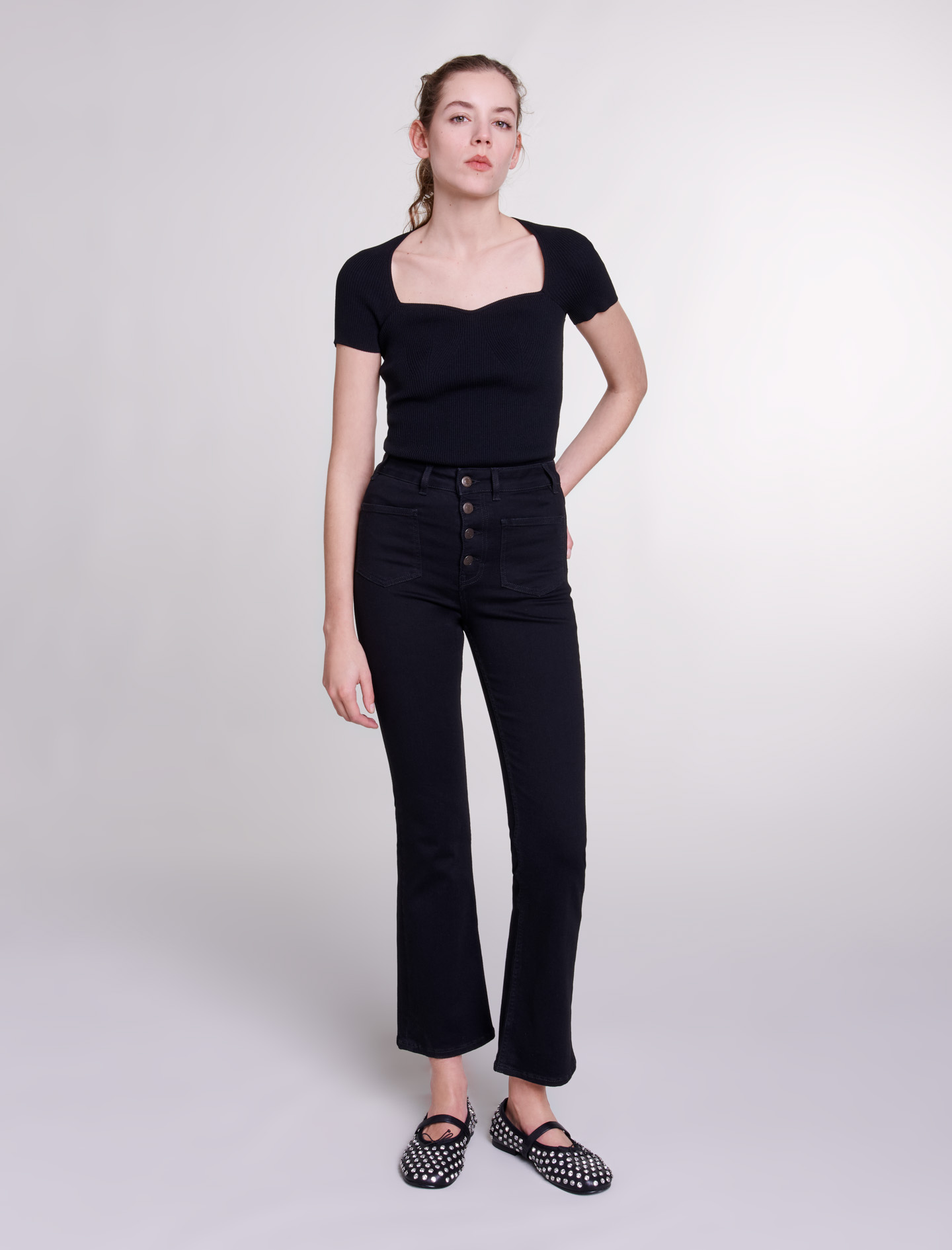 Maje Woman's cotton, Jeans with pockets, flared at the bottom for Fall/Winter, in color Black / Black
