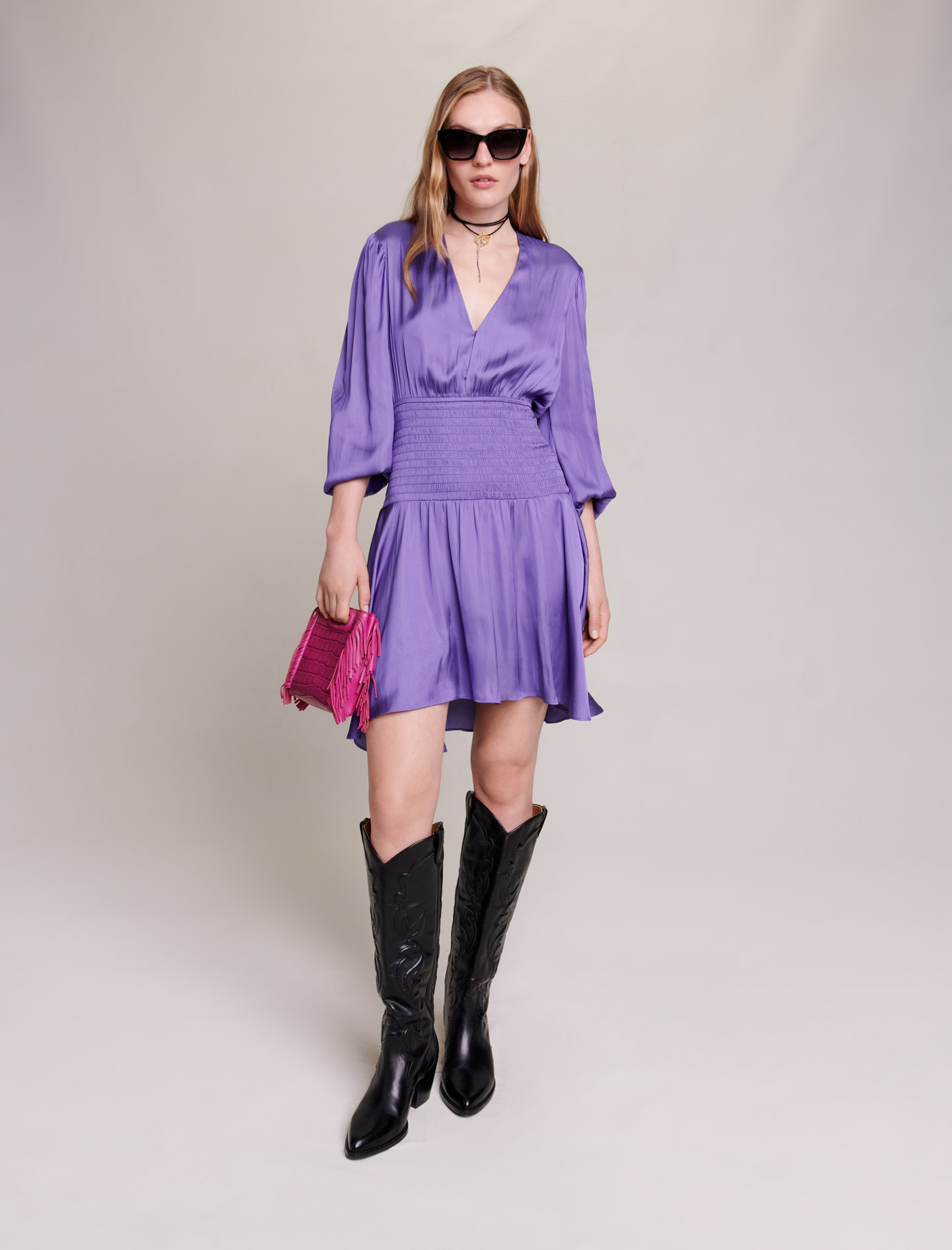 Maje Woman's polyester Short satin dress for Fall/Winter, in color Purple / Purple