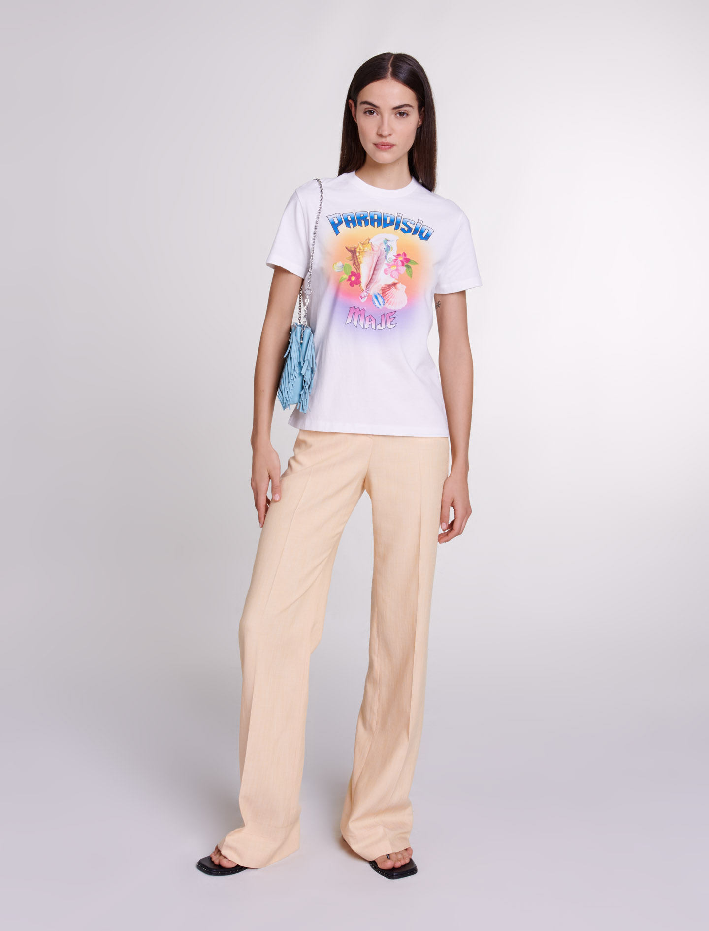 Maje Woman's cotton Rib: Paradisio printed t-shirt for Spring/Summer, in color Ecru / Beige