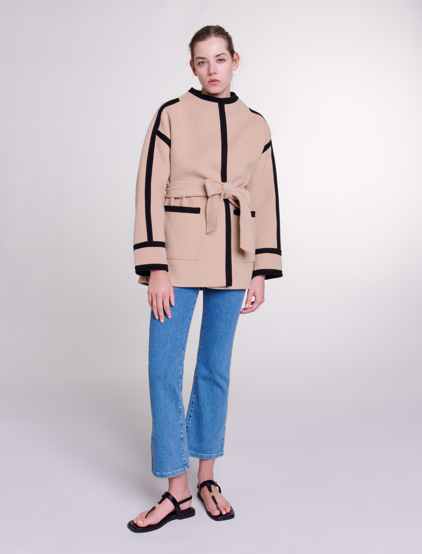 Maje Woman's wool, Short two-tone coat for Fall/Winter, in color Camel / Brown