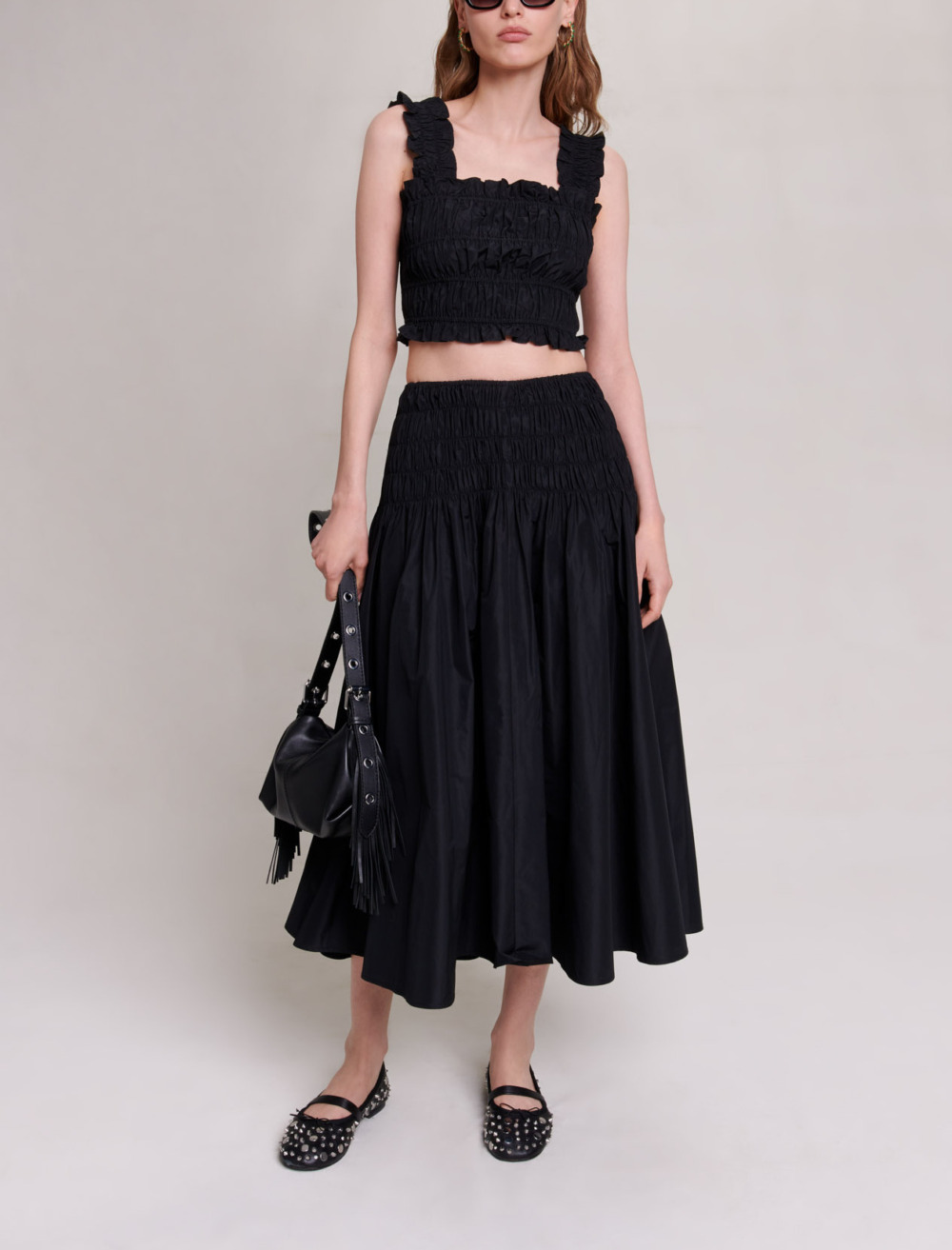 Woman
s polyester Elastic: Smocked maxi skirt for Fall/Winter, size Woman-See All-US L / FR 40, in color Black / Black