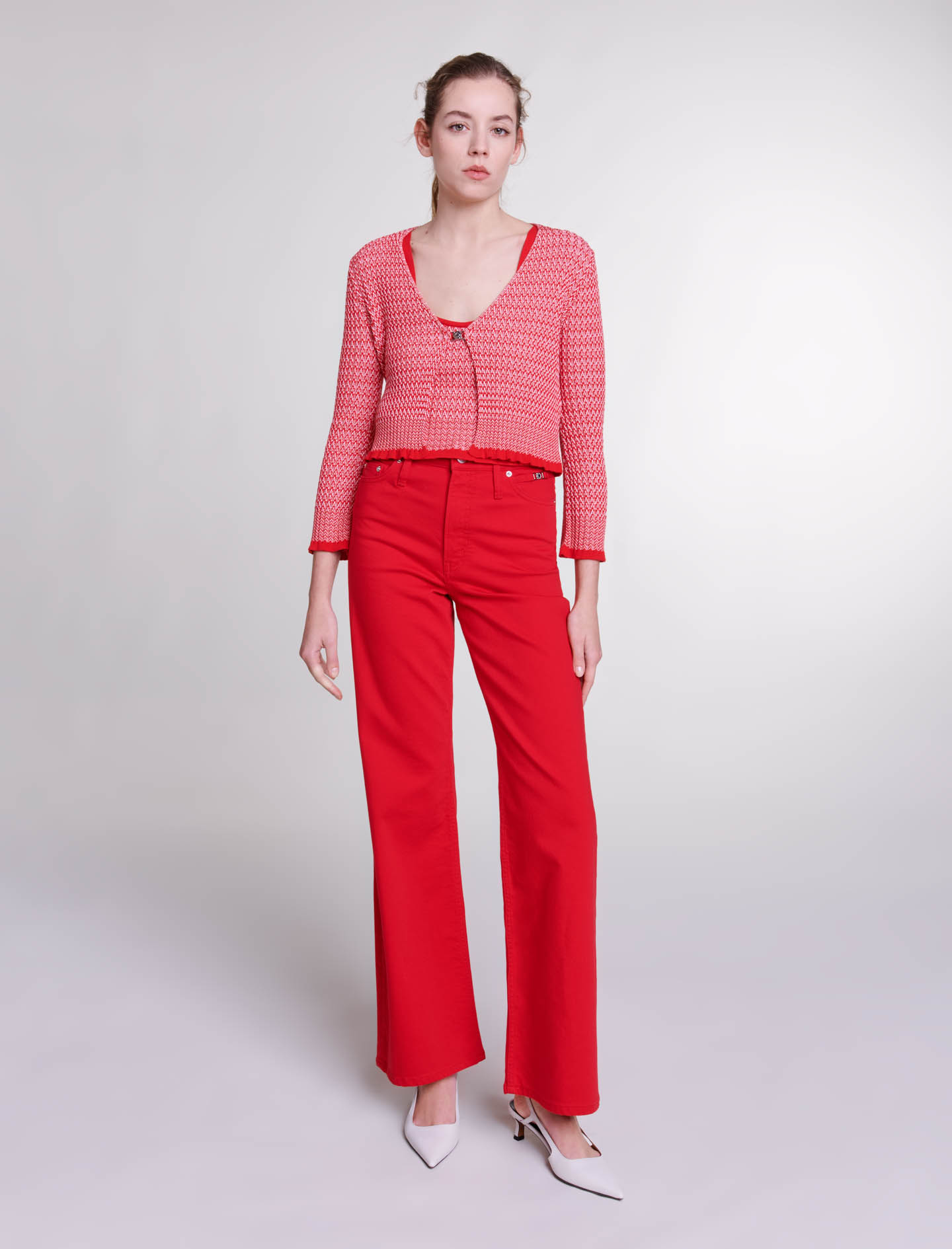 Shop Maje Herringbone Knit Twin Set For Spring/summer In Red