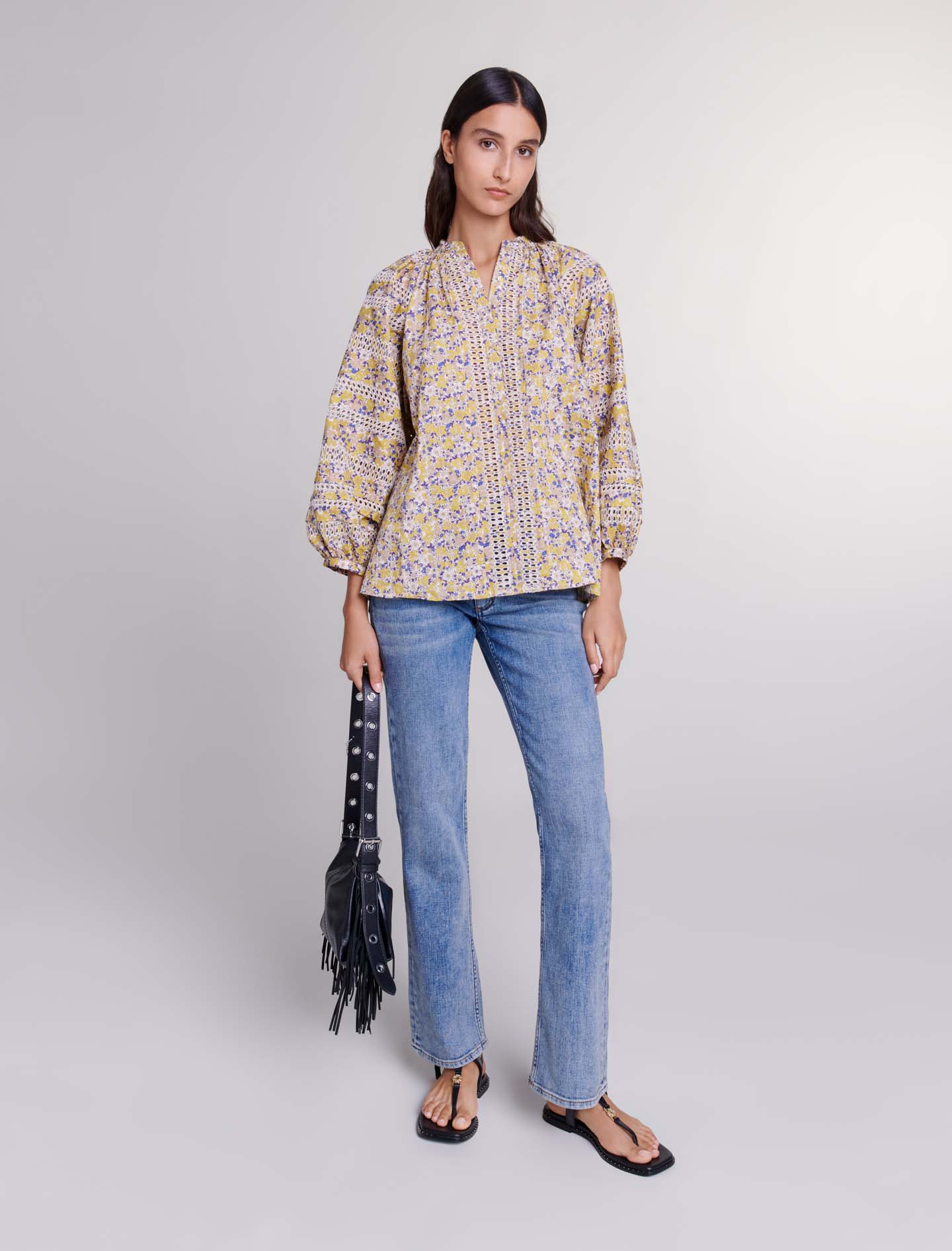 Mixte's cotton Embroidery: Patterned embroidered blouse, size Mixte-Tops & Shirts-US L / FR 3, in color Embroided Flowers Beige Print /