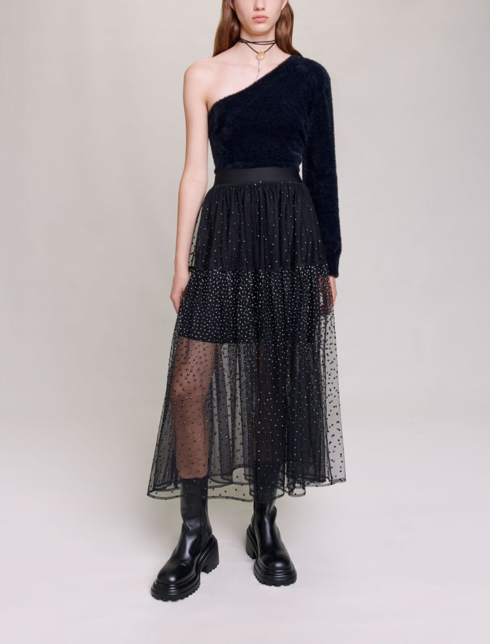 Woman
s polyamide Lining: Glittery spotted long tulle skirt for Fall/Winter, size Woman-See All-US XL / FR 41, in color Black / Black